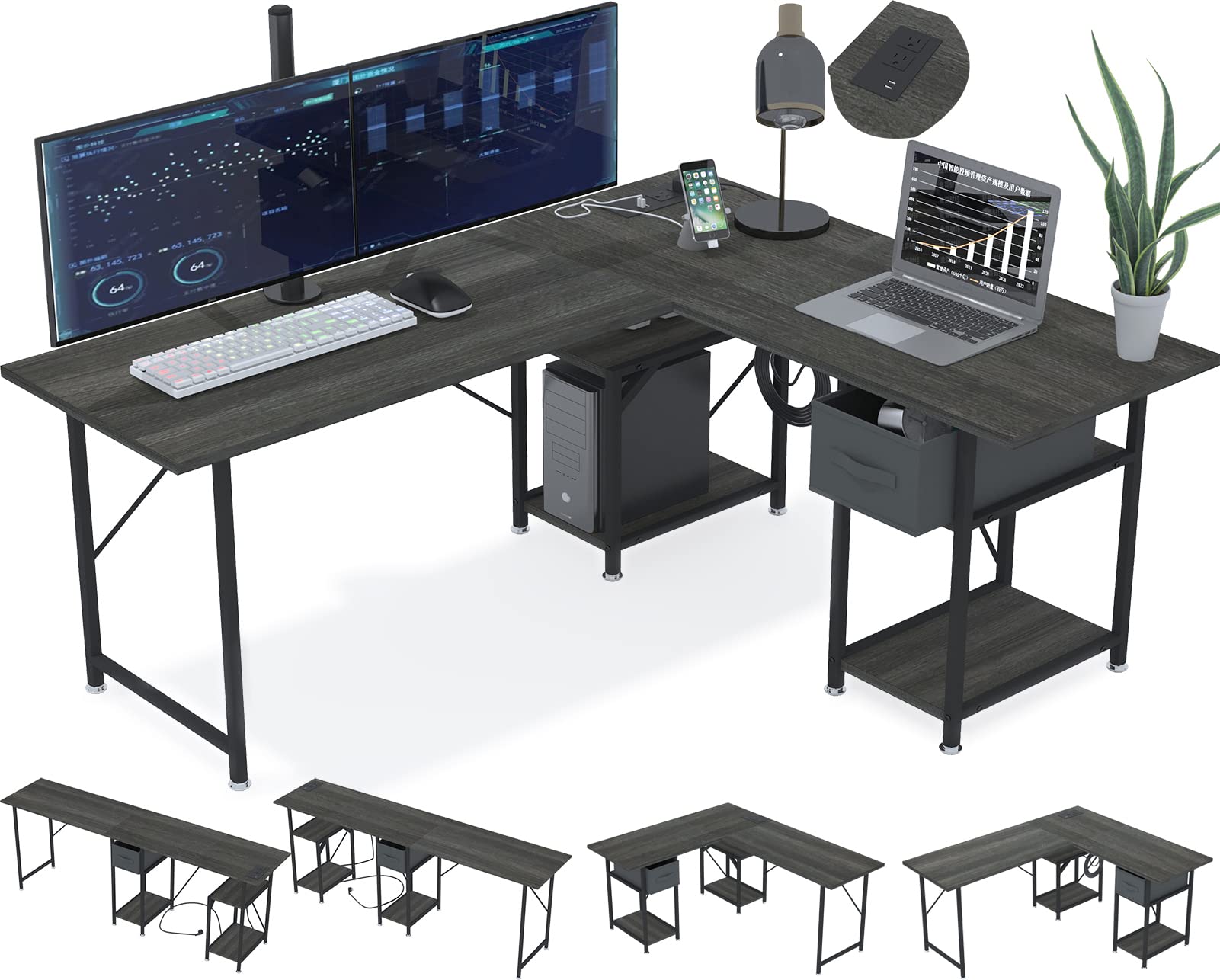 L-Shaped Gaming Desk with Power Outlets & Storage - Reversible Corner Computer Desk with Shelves, Drawers & Hooks - Home Office & Gaming Setup (Gray) | Perfect for Small Spaces, Streaming & Workstations