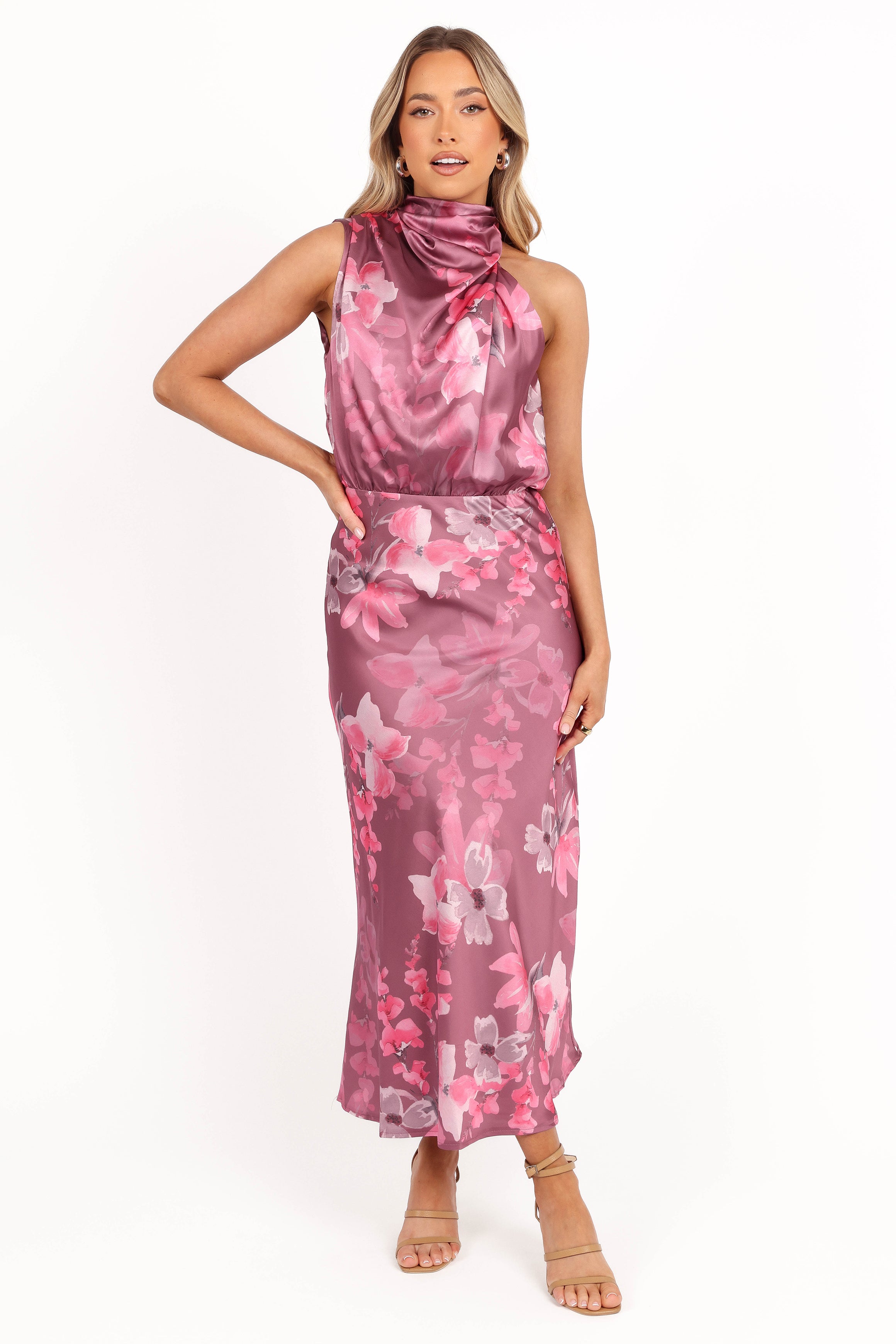 Anabelle Halter Neck Midi Dress - Dark Rose Floral Print Summer Dress for Women | Perfect for Beach Vacations, Date Nights & Garden Parties
