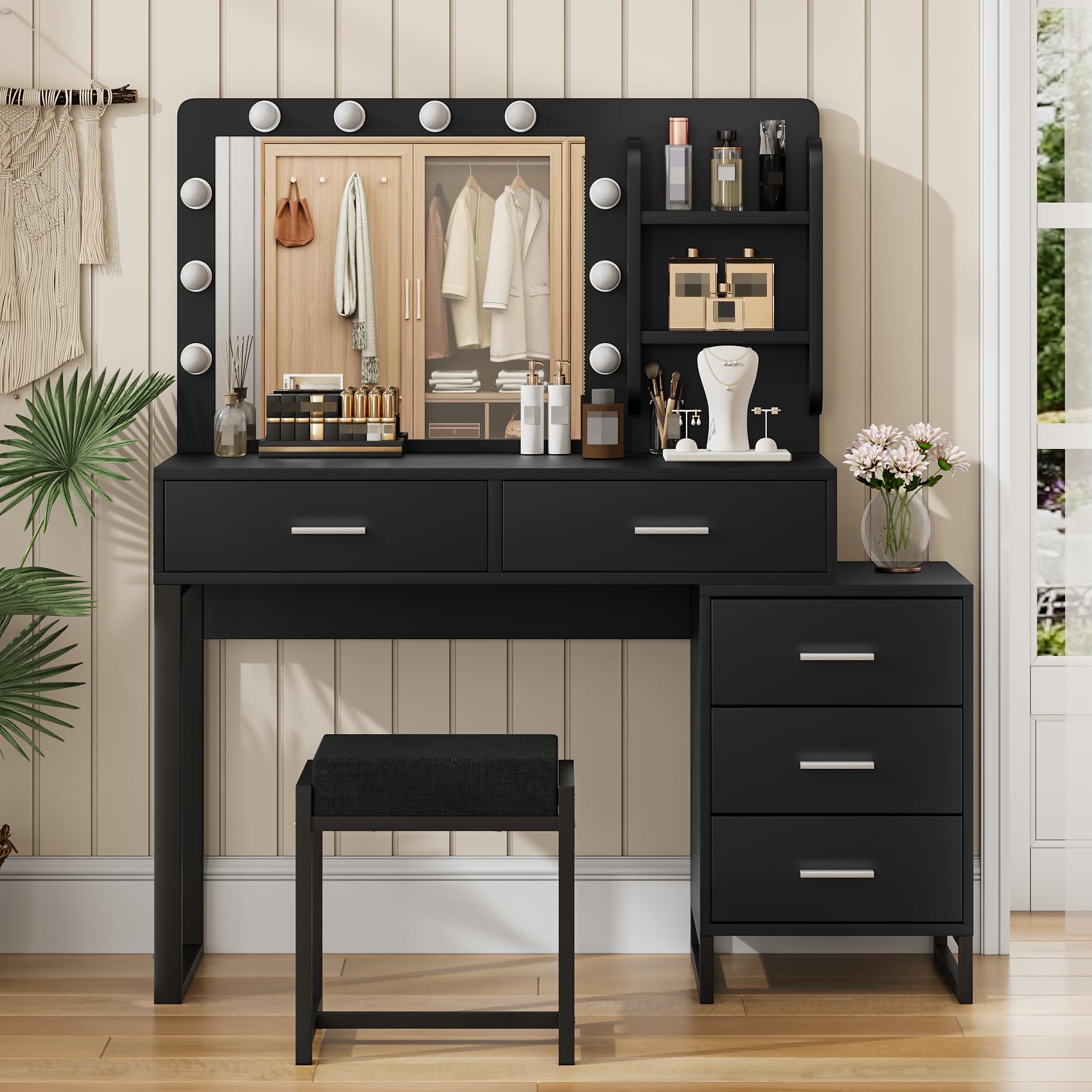 Adjustable LED Makeup Vanity Desk with Mirror & 5 Drawers - 3 Color Lighting Modes & Brightness Control - Black Dressing Table for Bedroom, Salon & Home Beauty Station