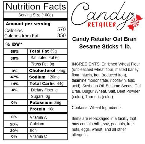Healthy Oat Bran Sesame Sticks - 1 Lb Bag - Crunchy Gluten-Free Snack for Kids & Adults - Perfect for School Lunches, Office Snacks & Healthy Eating On-The-Go