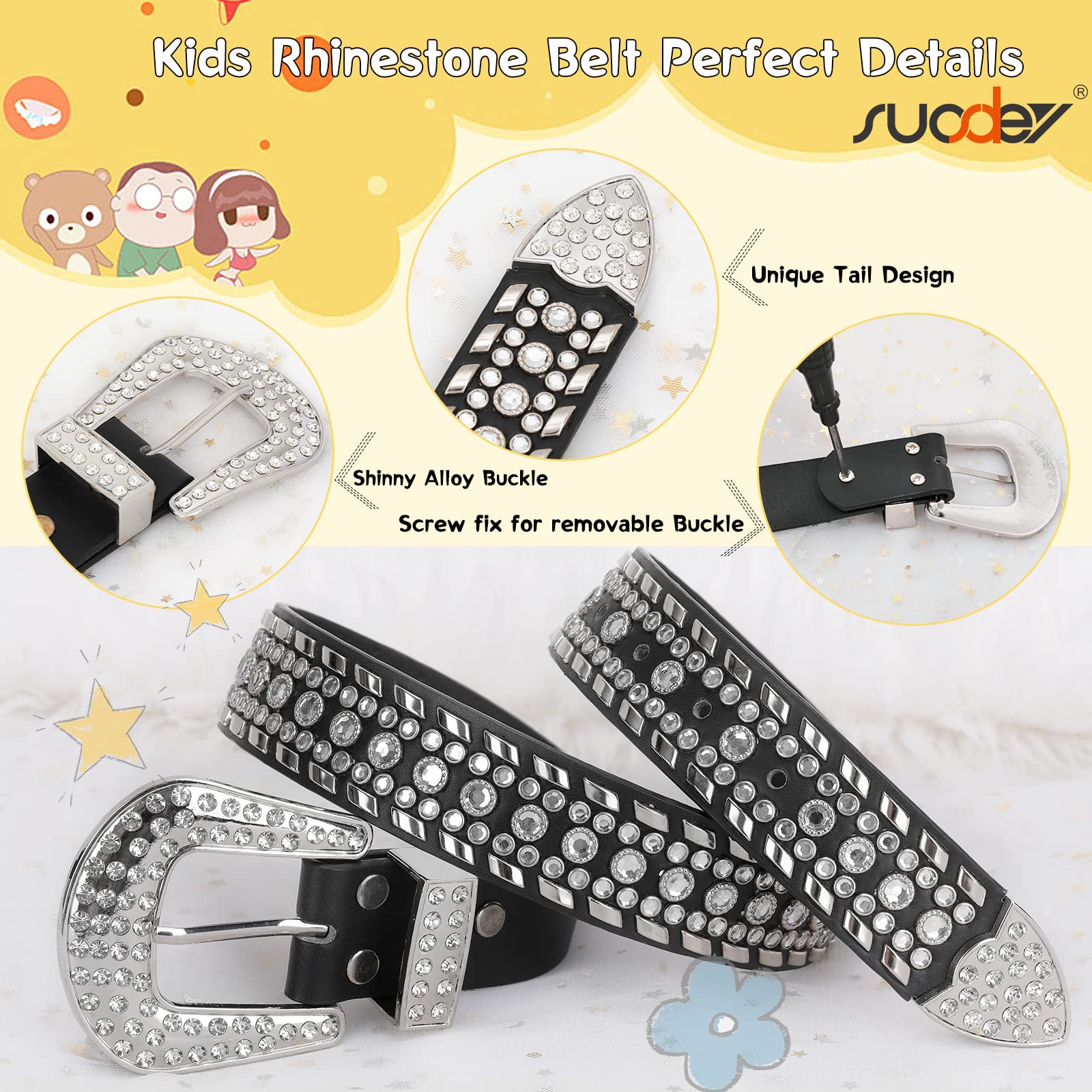 SUOSDEY Sparkling Rhinestone Belt for Girls & Boys - Western Cowgirl Cowboy Studded Leather Belt for Kids | Perfect for Birthday Parties, Rodeo Events & Western Fashion Outfits