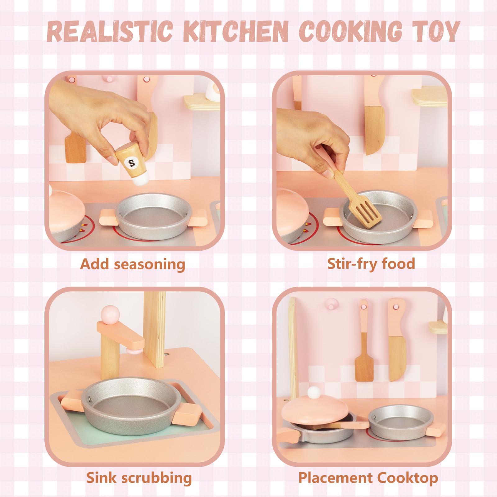 Wooden Pink Kitchen Playset for Kids - Pretend Play Kitchen Utensils & Accessories, Montessori Learning Toy, Pretend Cooking Playset for Girls 3+, Ideal for Home & Preschool Playrooms
