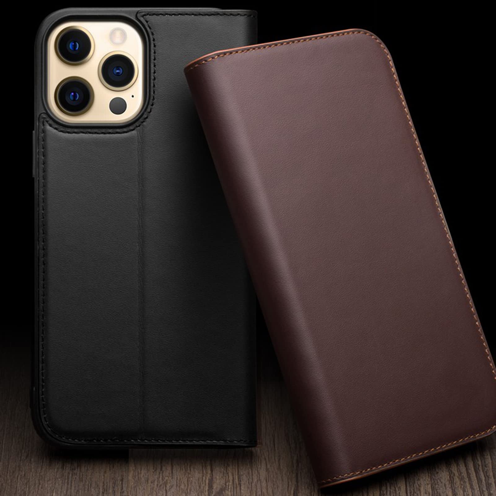 Genuine Leather Wallet Case for iPhone 13/13 Pro/13 Pro Max - Shockproof TPU Cover with Card Slots & Viewing Stand | Black | 6.1