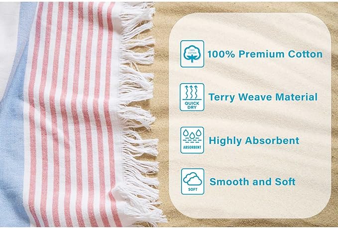 Coastal Resort Stripe Fouta 2-Piece Beach Towel Set with Tassels - Soft & Absorbent for Pool, Beach, Spa & Outdoor Use