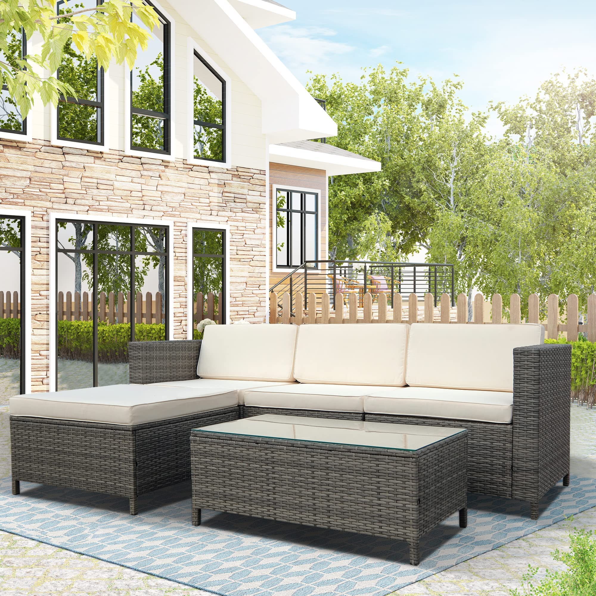5-Piece Outdoor Patio Furniture Set - All-Weather Wicker Rattan Deck Conversation Set with Glass Top Coffee Table, Ottoman & Washable Gray Cushions - Perfect for Garden, Backyard, Poolside & Patio Relaxation