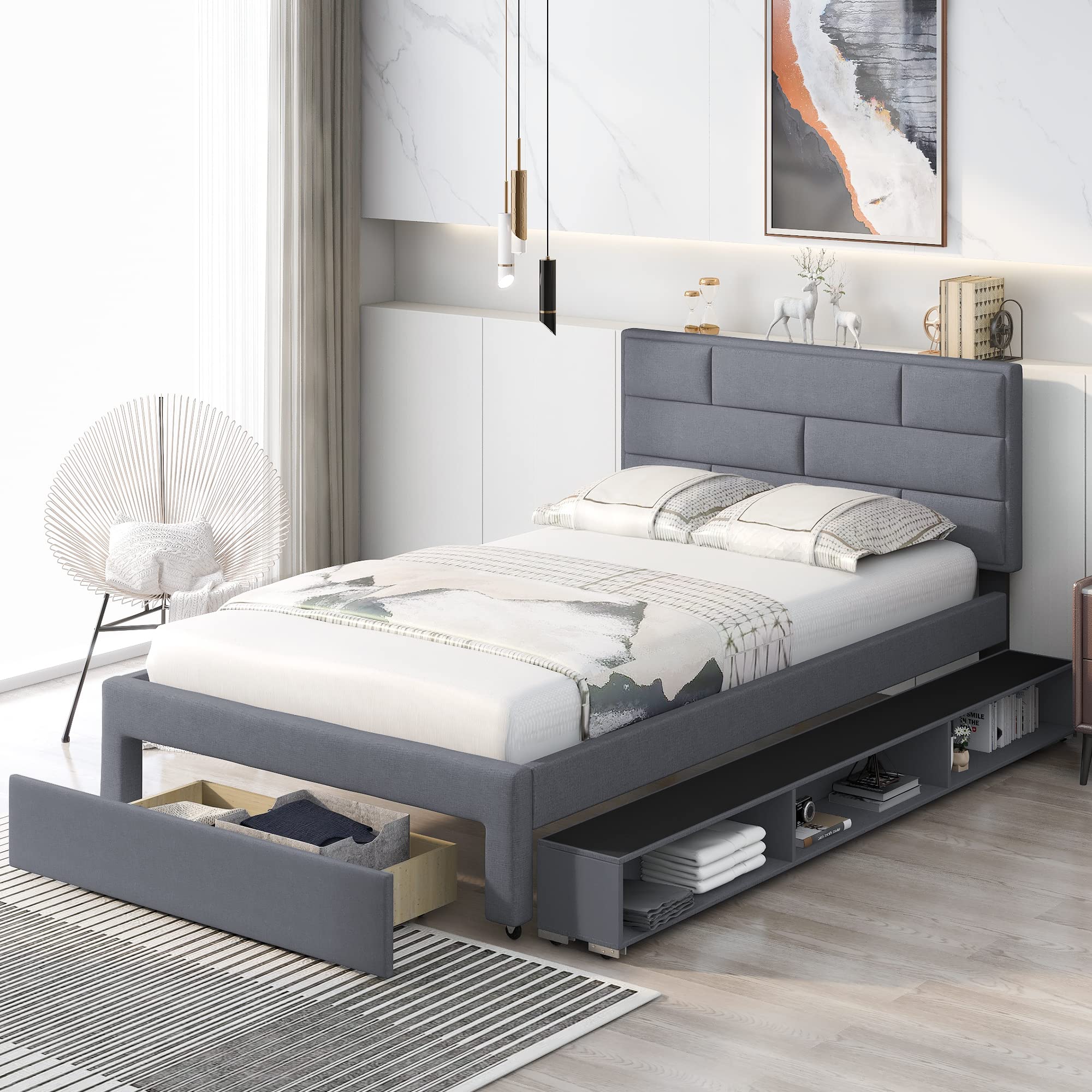 Linen Upholstered Platform Bed Frame with Storage Drawer & Shelves - Full Size Twin Wood Bed Frame in Gray | Modern Bedroom Furniture for Small Spaces & Guest Rooms