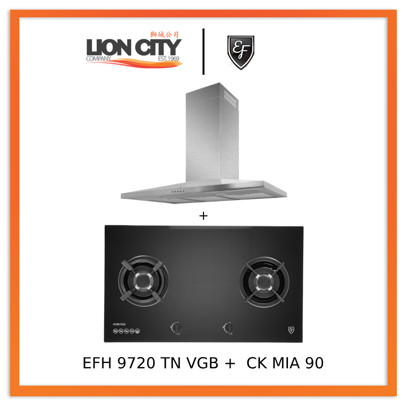 EF CK Mia 90 90cm Stainless Steel Chimney Hood + EF EFH 9720 TN VGB Glass Hob - Modern Kitchen Ventilation & Cooking Solution for Home Chefs