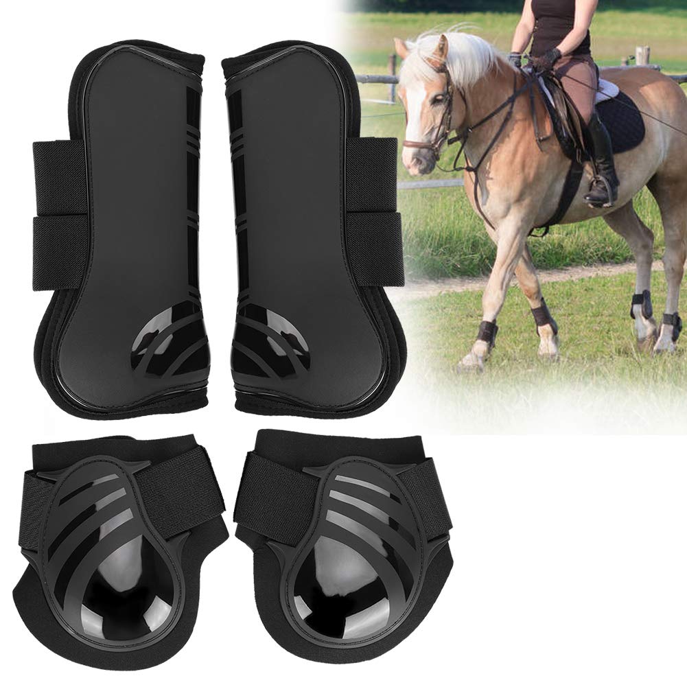 4Pcs Horse Leg Protectors - Elastic PU Front & Hind Leg Boots for Riding, Shock Absorbing Tendon & Fetlock Protection - Show & Competition Use (Medium, Black) - Ideal for Training, Jumping & Dressage