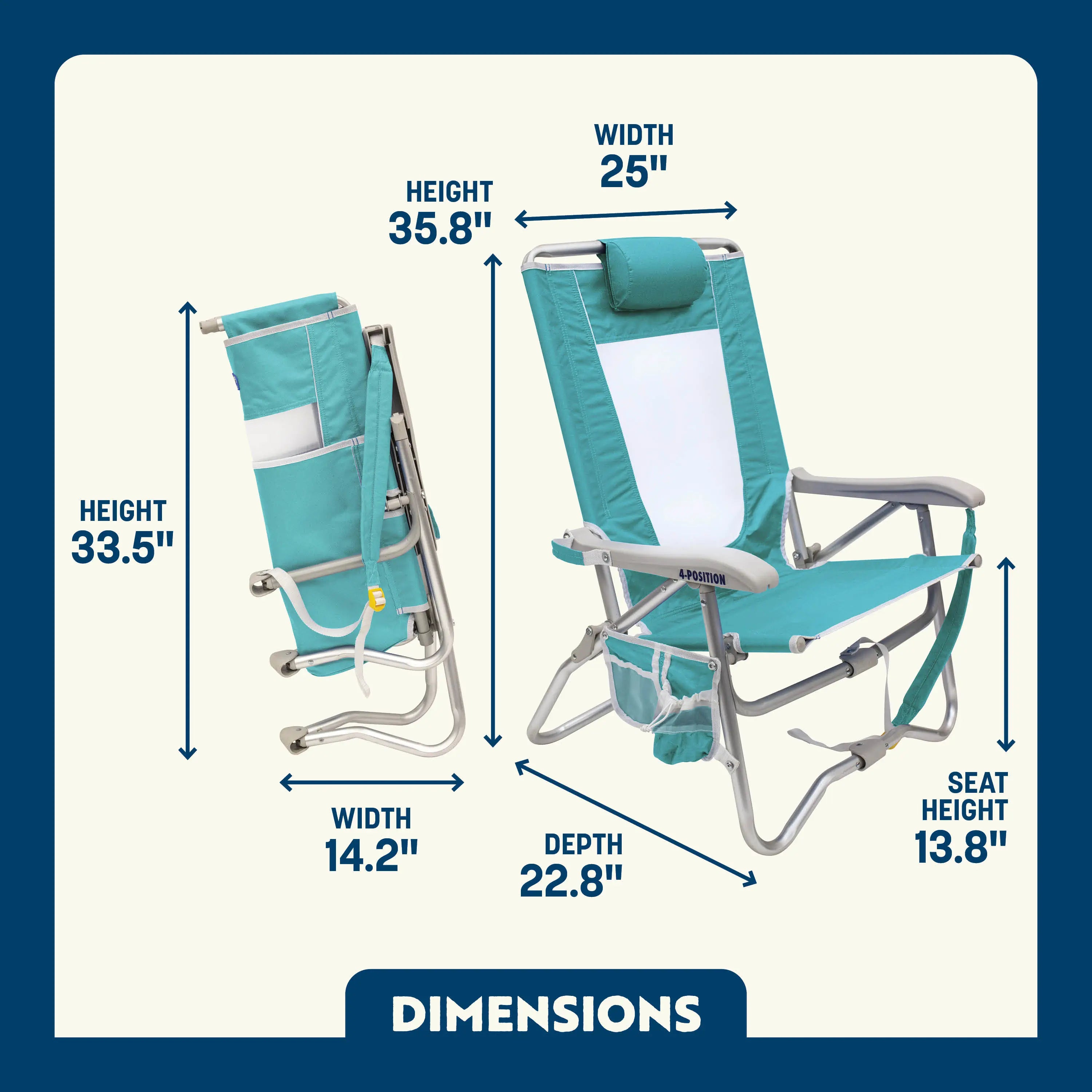 Bi Fold Beach Chair - Lightweight Portable Folding Chair for Outdoor, Camping, Travel & Relaxing at Beach, Park, Pool, or Backyard