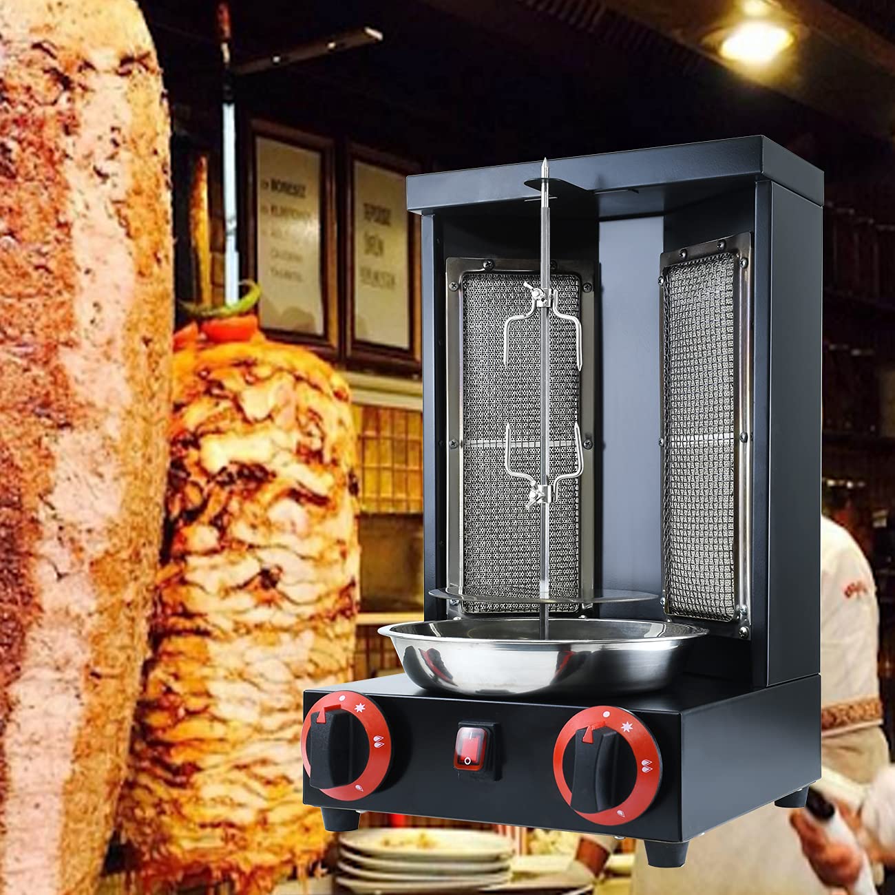 Commercial Vertical Rotisserie Grill Machine for Shawarma, Doner Kebab & Gyro - 2 Burner Gas Countertop Rotisserie Oven with Propane Turkey Broiler | Perfect for Restaurants, Food Trucks & Outdoor Cooking