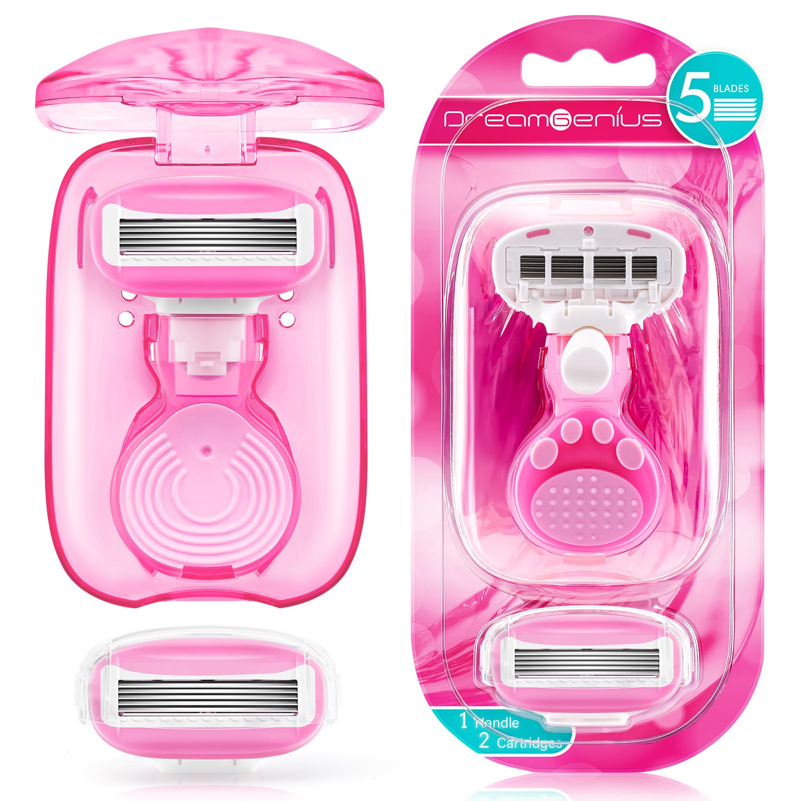 DreamGenius Women's 5-Blade Travel Razor with 2 Cartridges & Case - Ultra Smooth Shaving for Legs, Underarms & Bikini Line - Perfect for Vacation, Gym & On-The-Go Grooming (Pink)