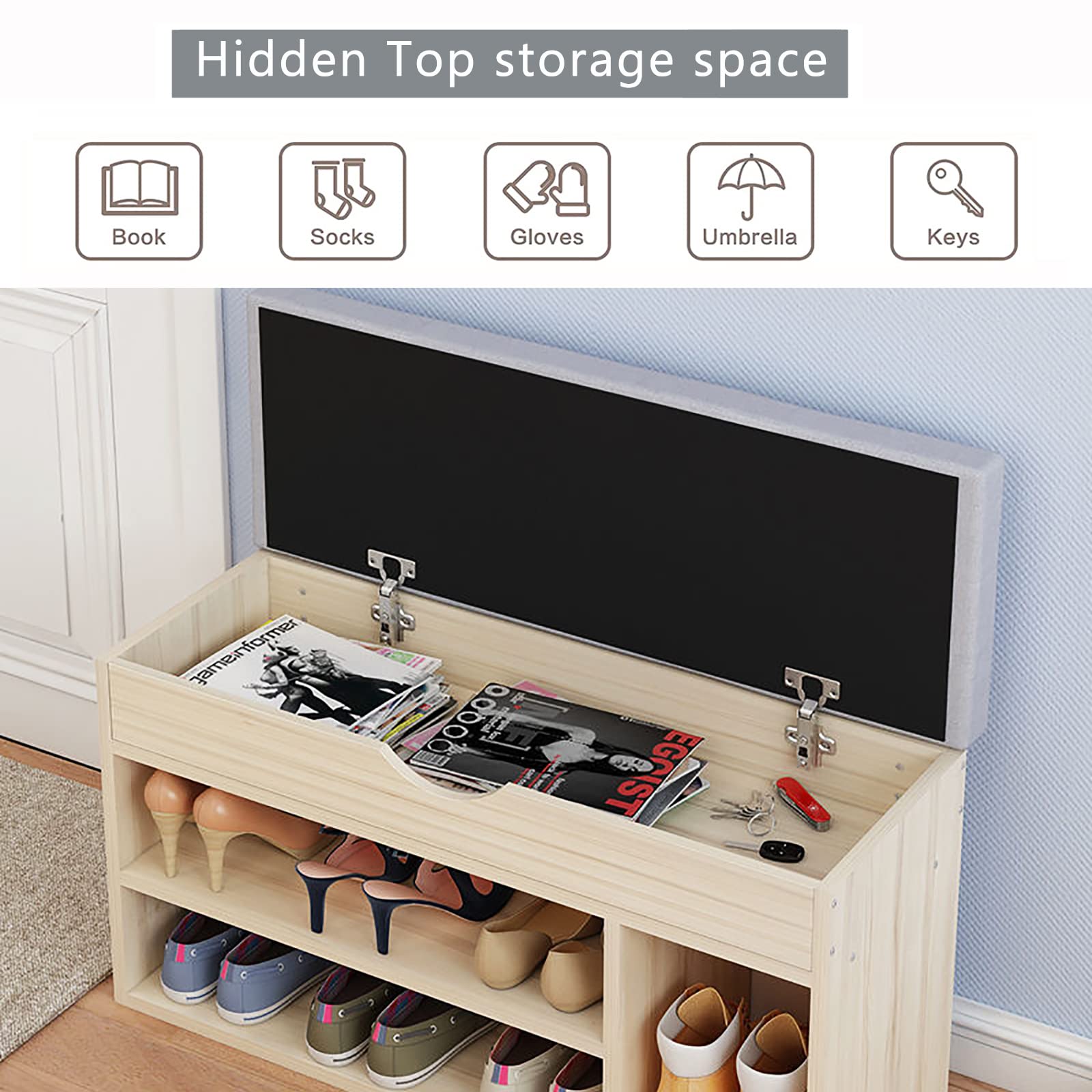 UQ Modern Shoe Storage Bench with Hidden Top Storage - Multifunctional Entryway Shoe Organizer & Shoe Rack Bench for Kids and Adults - Gray Seat Cushion 80x30x51cm (31x12x20inch) - Perfect for Hallway, Living Room & Bedroom Organization