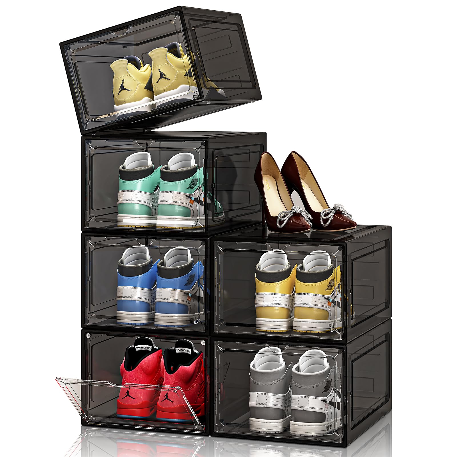 XXL Clear Plastic Stackable Shoe Storage Boxes - 6 Pack Thickened Sturdy Drop Front Shoe Organizer with Magnetic Door | Closet & Entryway Organization | Fits Up to US Men's Size 14 | Perfect for Sneaker Collection Display & Seasonal Shoe Rotation