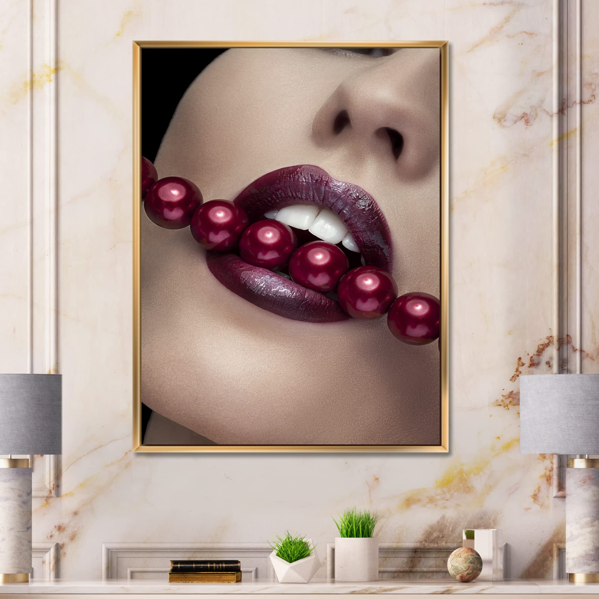 DesignQ Modern Framed Canvas Wall Art - Red Lips & Pearl Woman Portrait Painting for Living Room, Bedroom Decor | Home & Office Wall Decorations