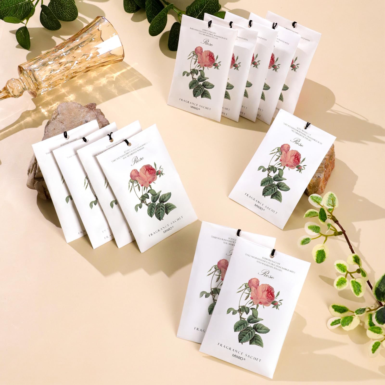 MYARO 12-Pack Rose Scented Sachets for Drawers & Closets | Long-Lasting Fragrance Bags, Natural Deodorizer & Air Freshener | Home & Linen Fragrance for Romantic Gifts, Wedding Favors & Bedroom Decor