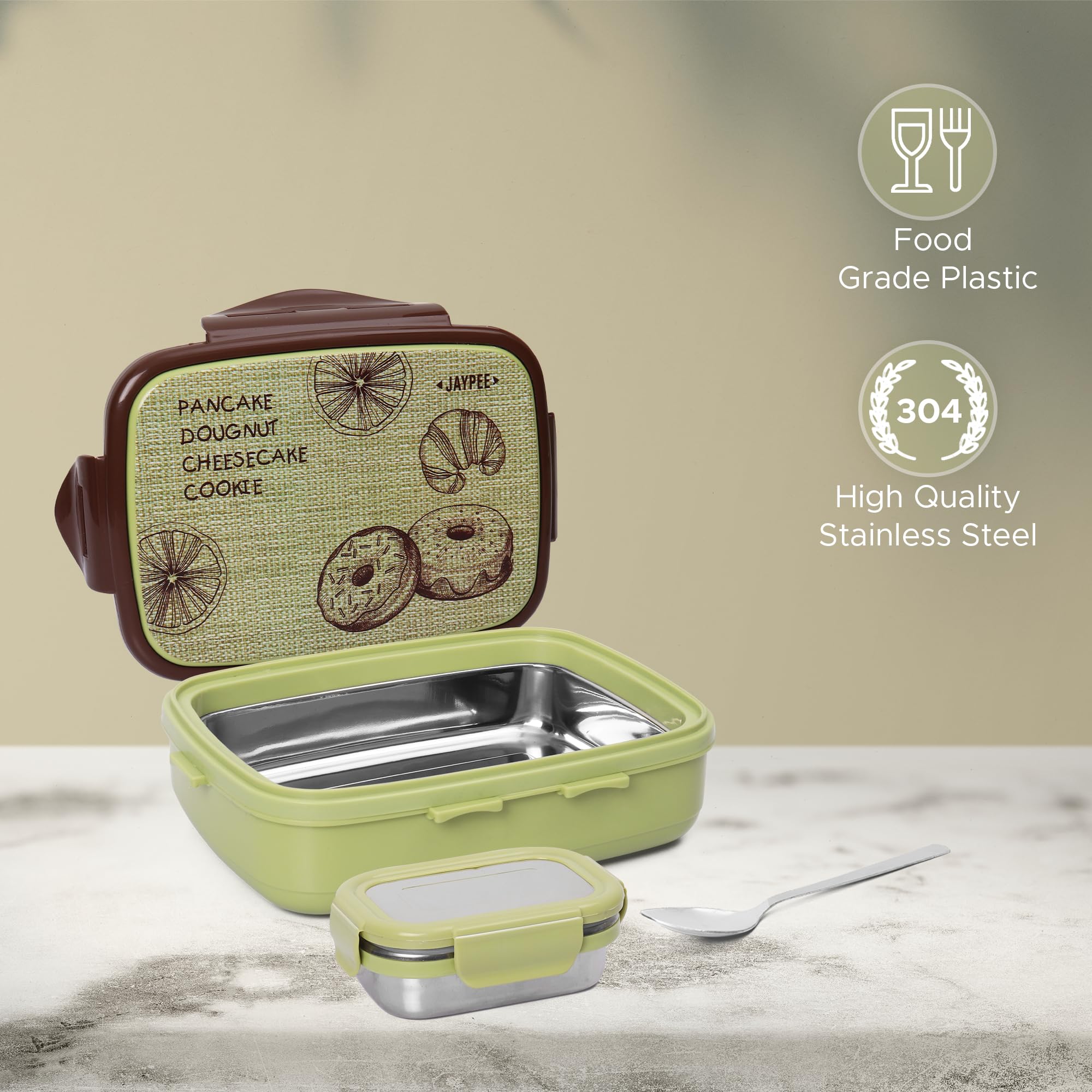 Jaypee Ecosteel Sr Green 650ml Airtight Leak-Proof Lunch Box with Spoon - Lightweight & Easy to Clean Bento Box for Kids, School & Office - Perfect for Meal Prep, Snacks, Picnics & Travel