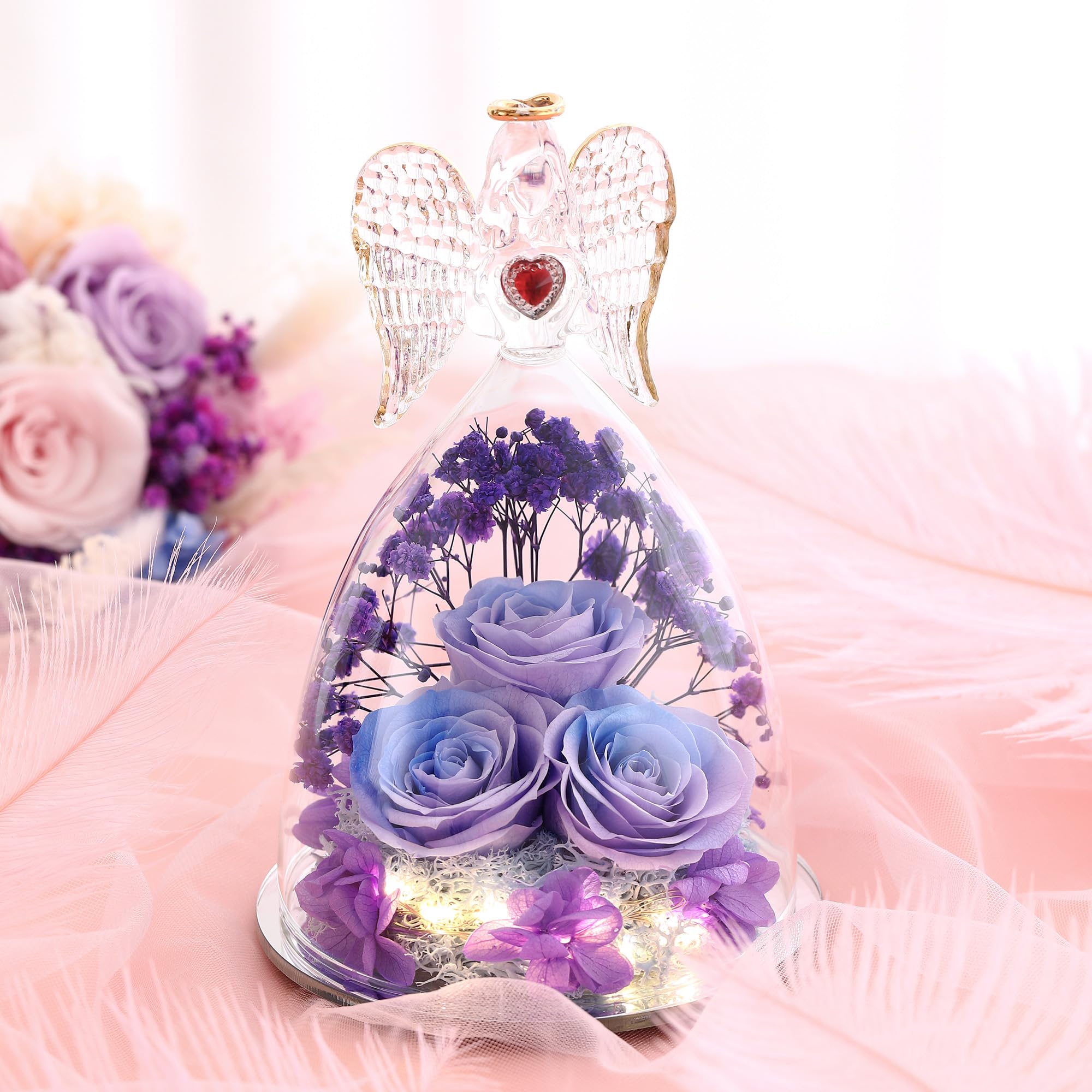 Mother's Day Rose Gifts for Women - Large Angel Figurines with Real Preserved Roses in Purple & Blue | Perfect for Home Decor, Wedding Centerpieces & Romantic Gifts