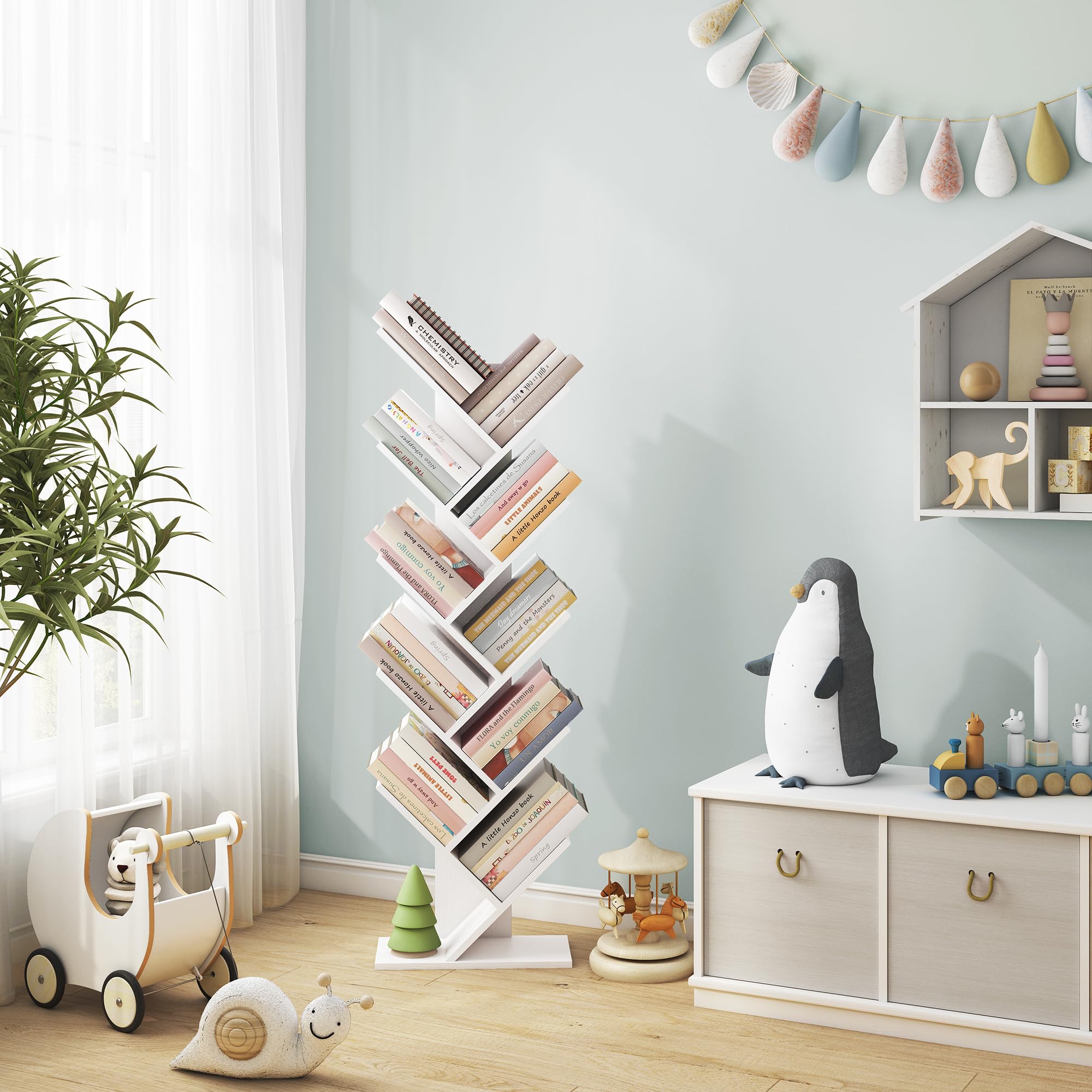 Hoctieon 10-Tier Tree Bookshelf - White Free Standing Bookcase with 10 Shelves, Floor Standing Book Organizer for Living Room, Bedroom & Office - Perfect for Books, Plants & Decorative Display