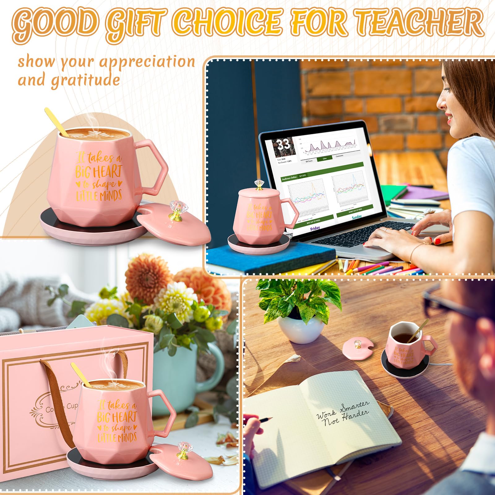 Electric Coffee Mug Warmer Set - 13.5 oz Teacher Appreciation Gift with 'It Takes a Big Heart to Shape Little Minds' Quote - Perfect for Teacher's Day, Women Educators & Teacher Week - Ideal for Classroom, Office or Home Use to Keep Drinks Warm