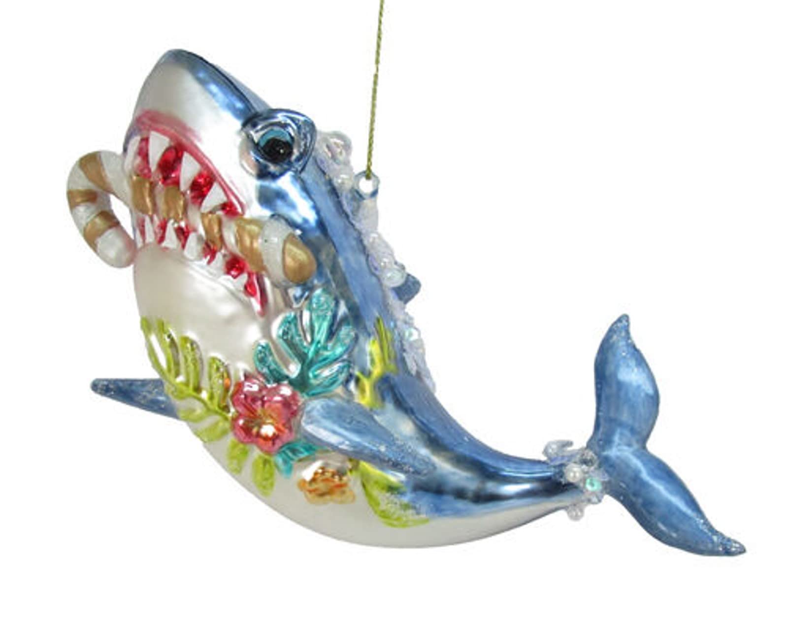 December Diamonds 79-81546 6-Inch Blown Glass Shark with Candy Cane Ornament - Handmade Christmas Tree Decoration for Holiday Home & Office Decor