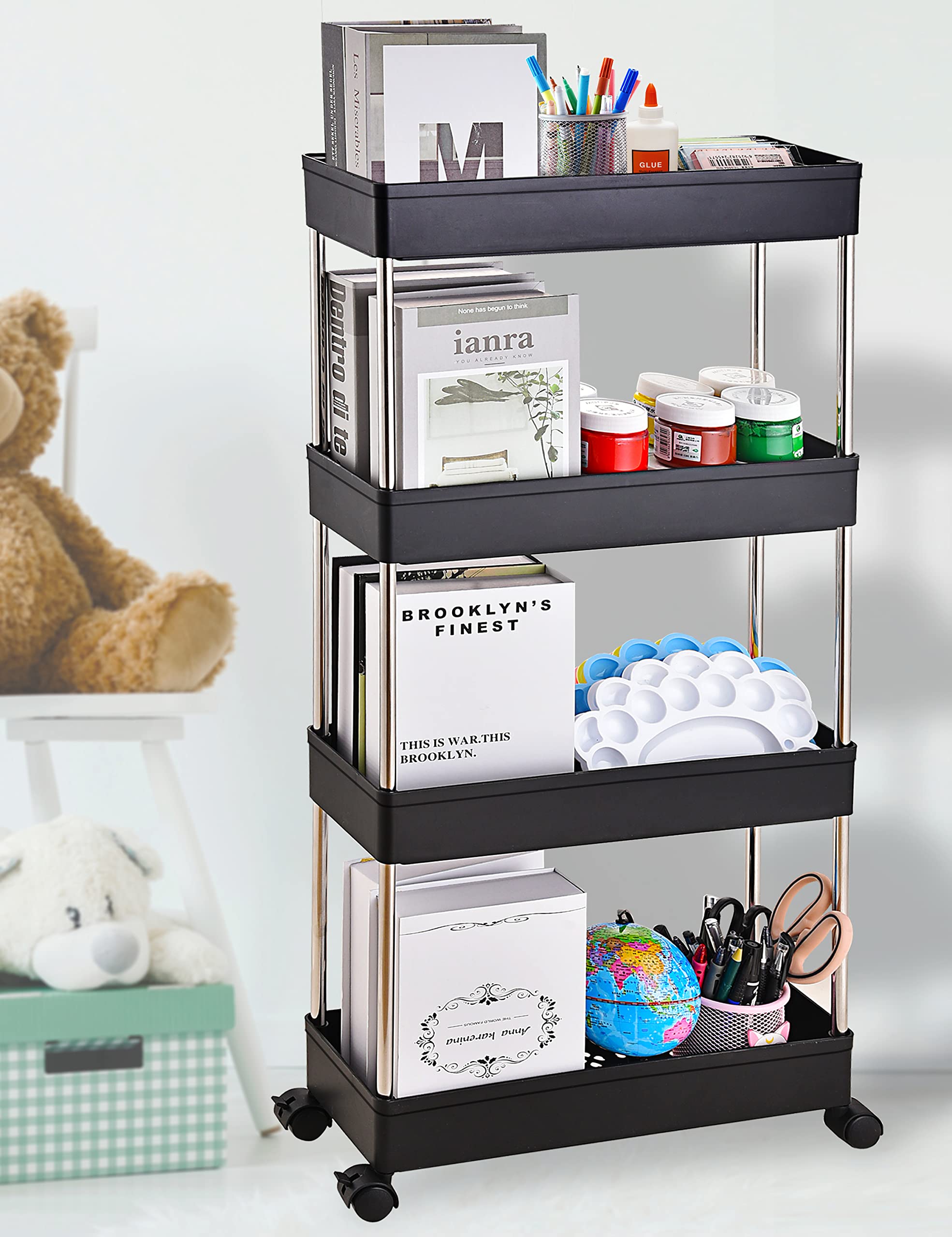 AOSION 4-Tier Slim Rolling Storage Cart with Wheels - Narrow Kitchen & Bathroom Organizer, Mobile Shelving Unit for Bedroom, Laundry, Small Spaces - Perfect for Apartments, Dorms & Tight Spaces (Black)