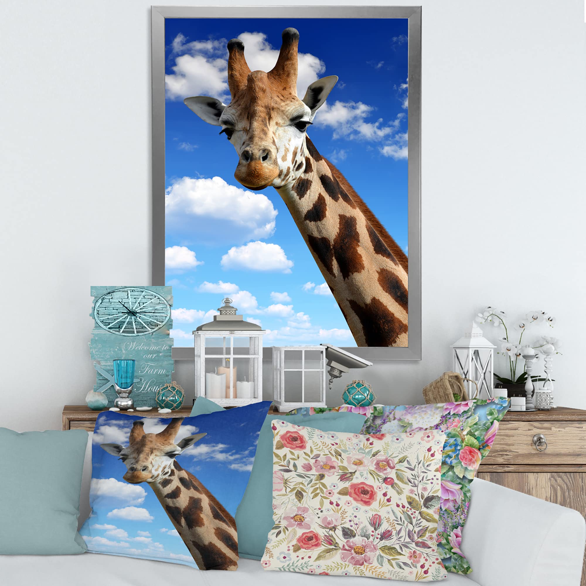 Giraffe Portrait Framed Wall Art - Blue Sky Farmhouse Decor for Living Room, Bedroom & Office