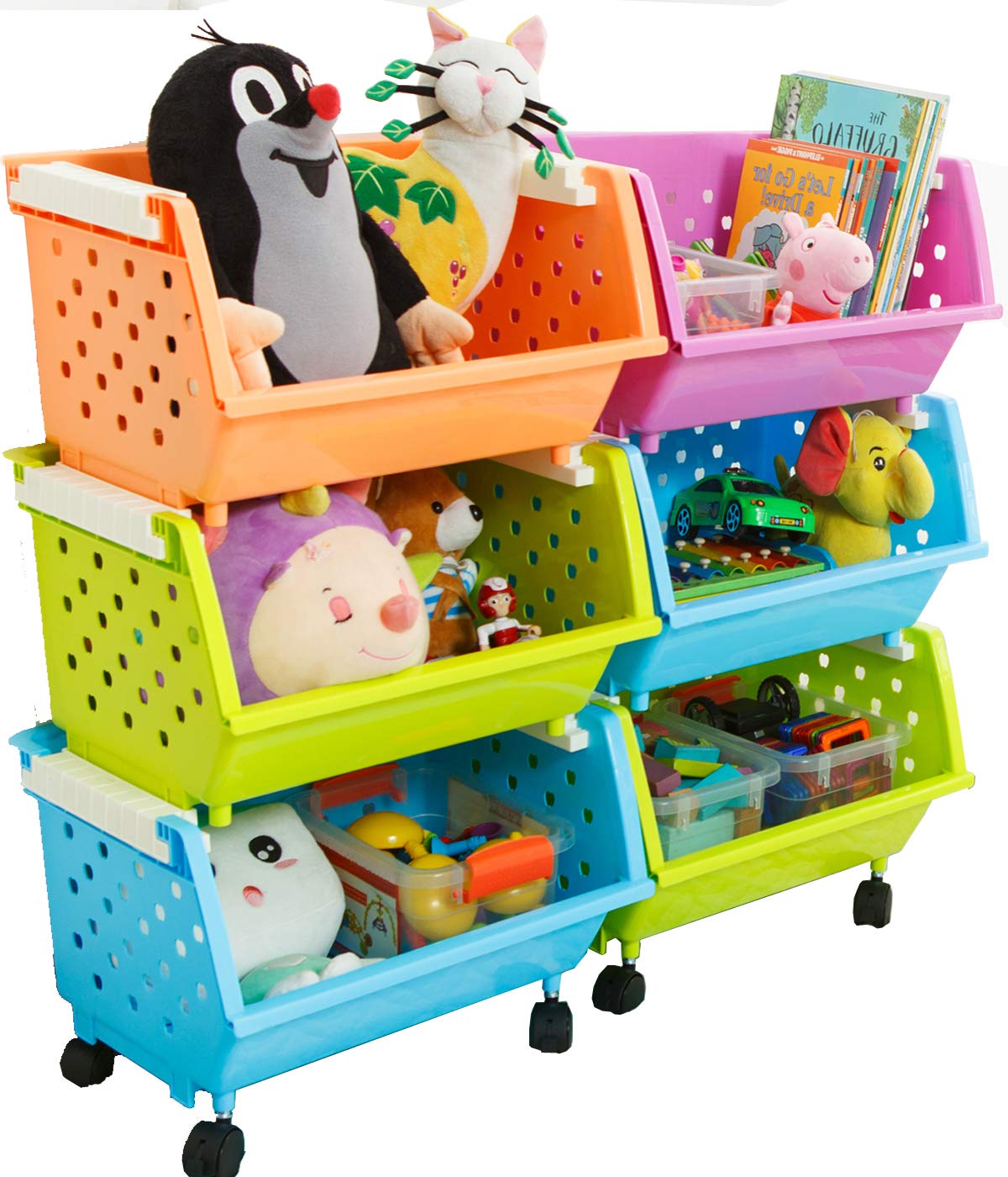 Kids' Toy Storage Organizer - Large Rolling Toy Chest with Wheels, 6-Piece Set (Natural/Primary Colors) - Perfect for Playroom, Bedroom & Daycare Organization