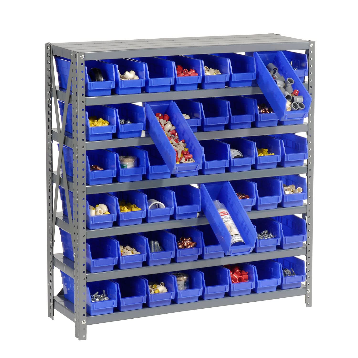 Global Industrial 7-Tier Steel Shelving Unit with 48 Plastic Storage Bins (4