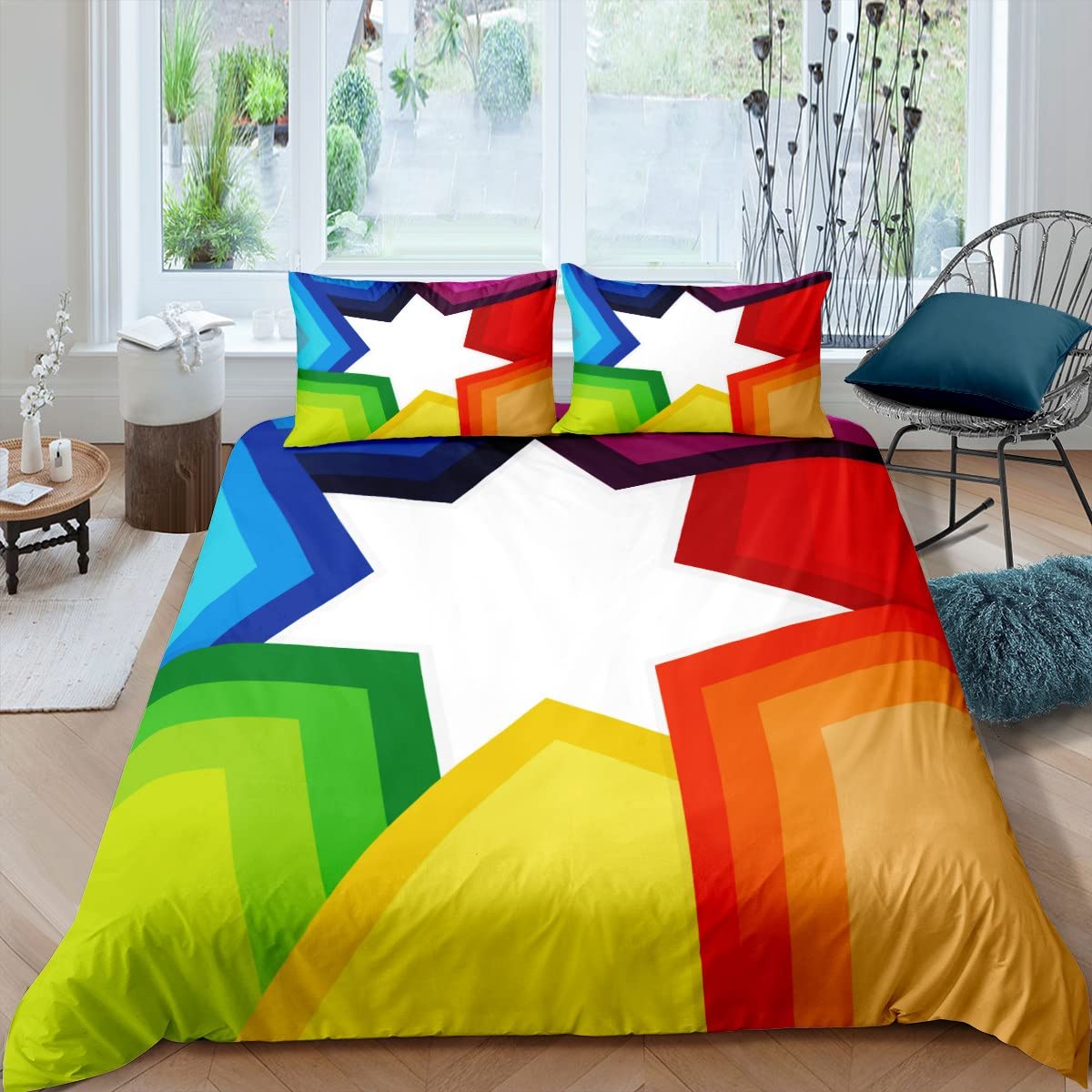 Rainbow Geometric Duvet Cover Set Twin Size - White Star Print Kids Bedding with Pillow Sham, Boys Room Decor, Graffiti Design Quilt Cover 2 Piece Set for Cozy & Stylish Bedroom