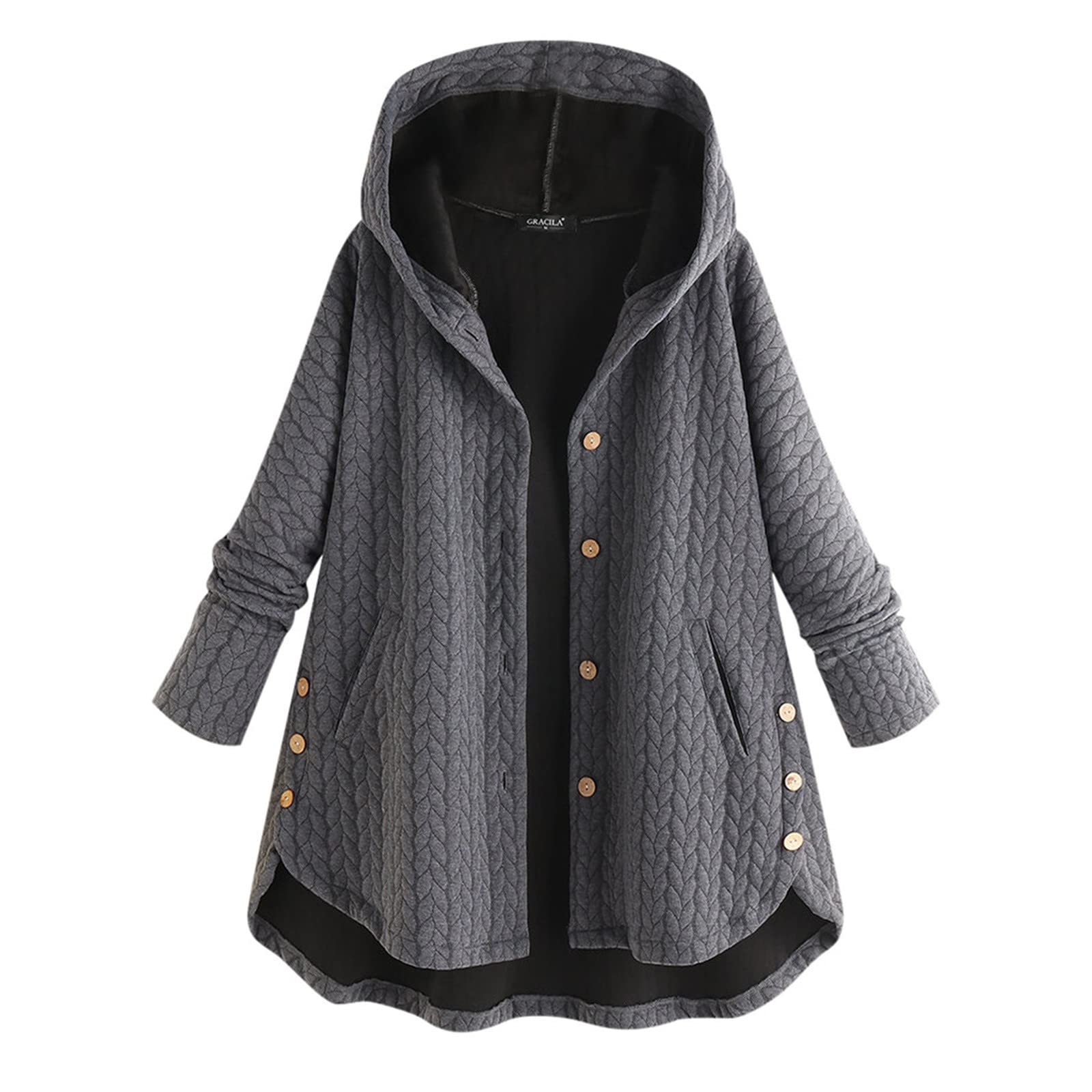 Plus Size Women's Winter Hooded Coat with Button Pockets - Casual High-Low Long Sleeve Jacket for Cold Weather Outdoors & Daily Wear