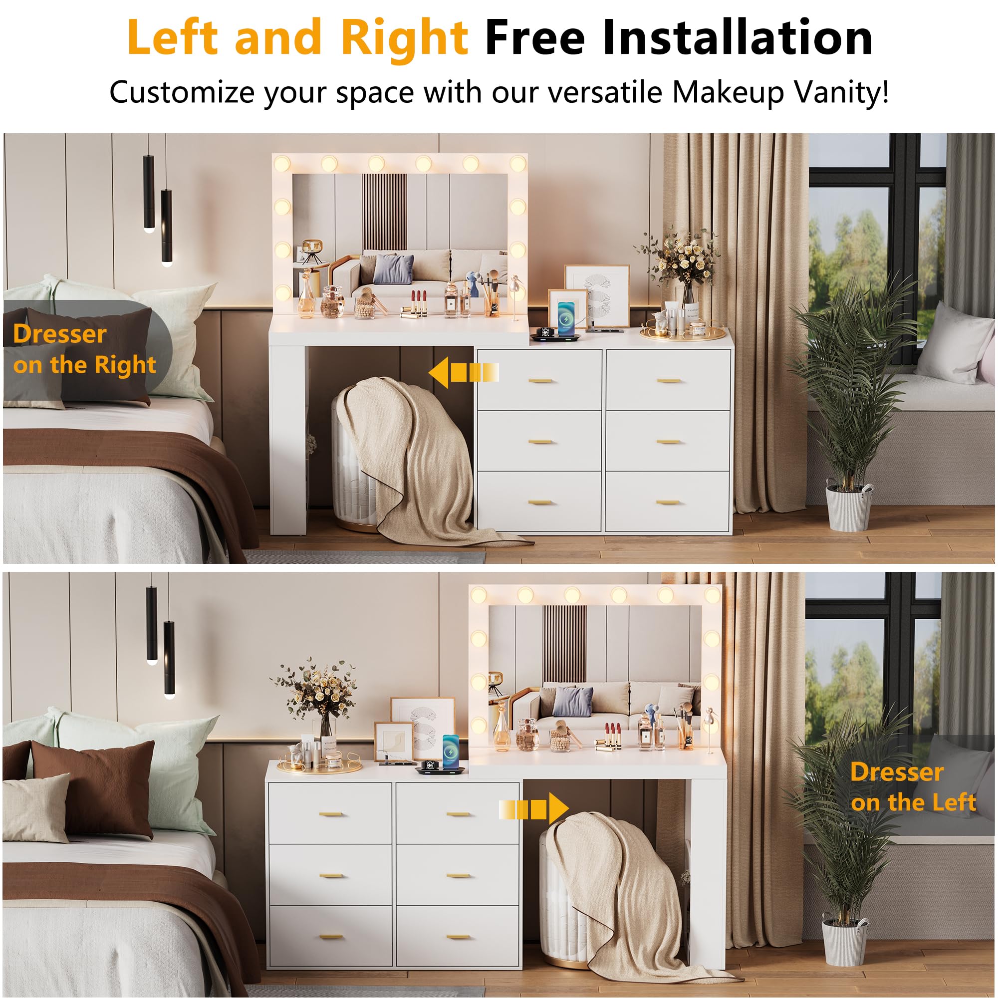 PakaLife Vanity Desk with Mirror, Lights & Charging - 6 Drawers for Bedroom Makeup
