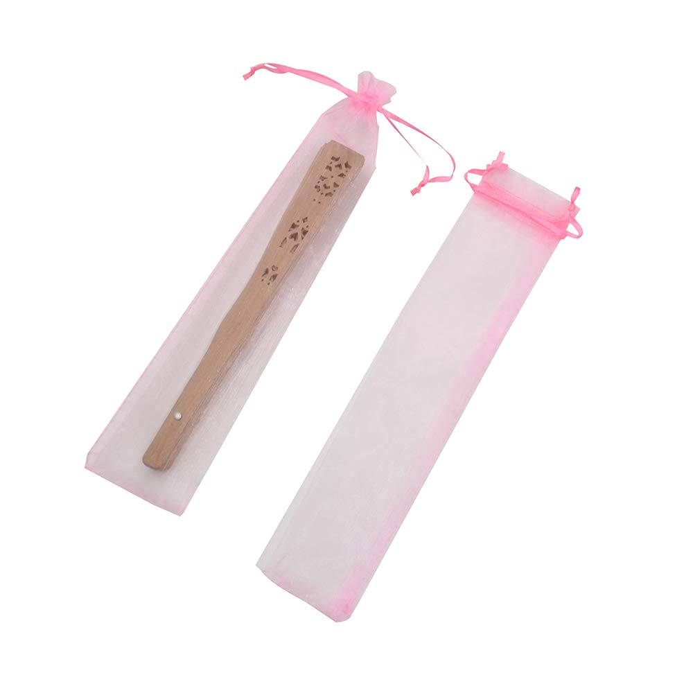 50Pcs Pink Organza Fan Bags - 2x10 Inch Mesh Hand Fan Drawstring Pouch for Wedding Favors, Baby Shower Gifts, Party Decorations - Perfect for Bridal Showers, Birthday Celebrations and Special Events
