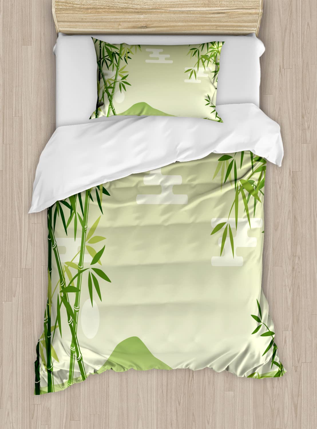 Ambesonne Green Leaf Duvet Cover Set - Queen Size 2-Piece Set with Abstract Japanese Forest Tree Design in Lime & Pale Green | Botanical Oriental Bedding for Master Bedroom, Guest Room & Vacation Homes