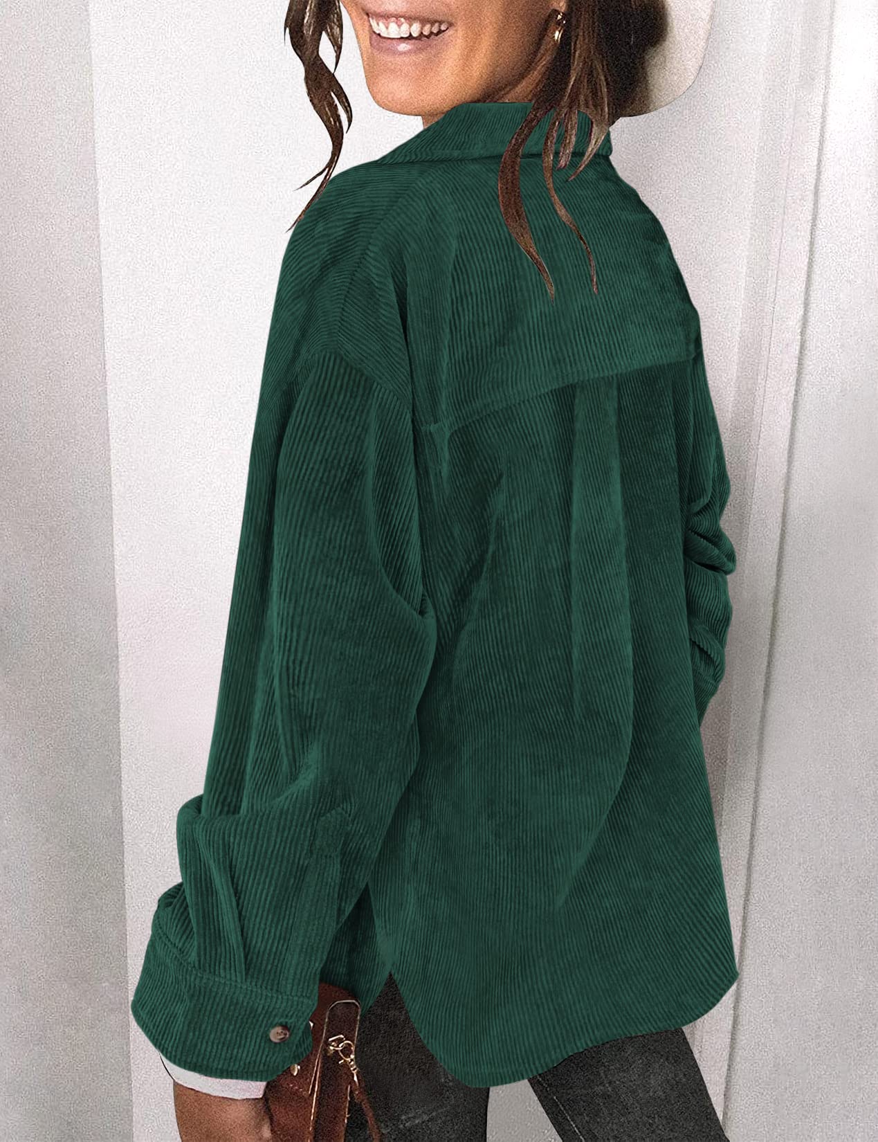 Saslax Women's Corduroy Shirt - Long Sleeve Oversized Button Up Blouse with V-Neck, Loose Shacket Jacket for Casual Wear, Office & Fall Outfits