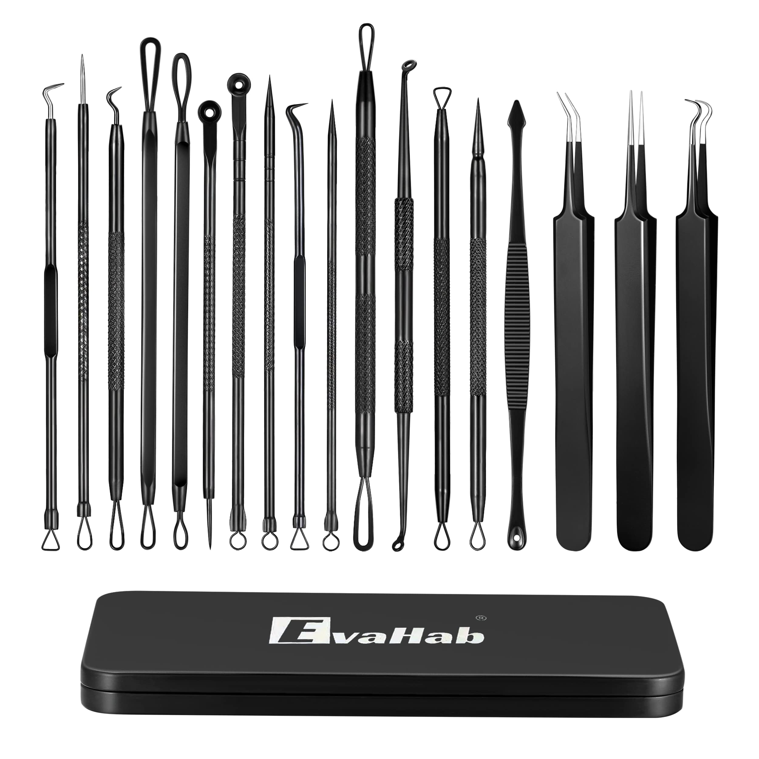 19 Pcs Professional Blackhead Remover Kit - Stainless Steel Comedone Extractor & Pimple Popper Tool for Face & Nose, Blemish Whitehead Removal with Portable Metal Case (Black) - Perfect for Home Skincare & Travel Beauty Routine