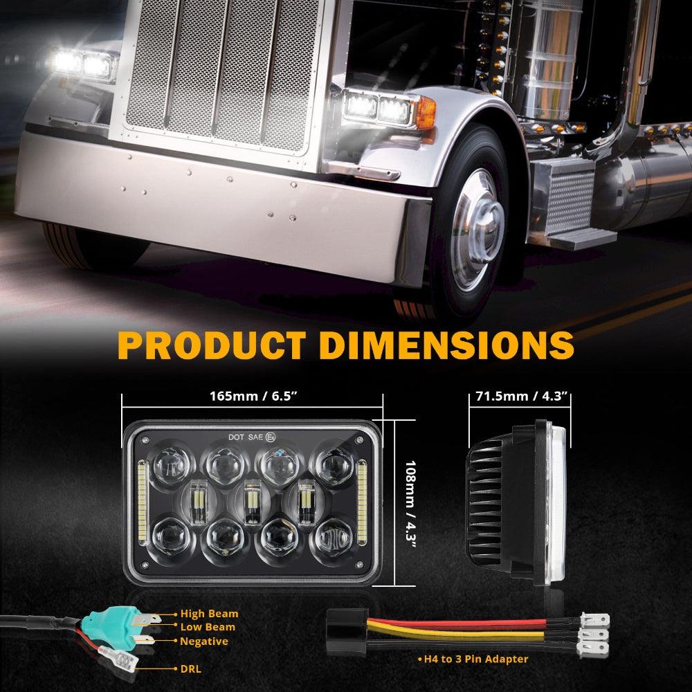 4x6 LED Headlights with DRL - DOT Approved High/Low Beam Rectangular Headlamps for Peterbilt, Kenworth, Freightliner & Ford Trucks - Perfect for Night Driving & Off-Road Adventures
