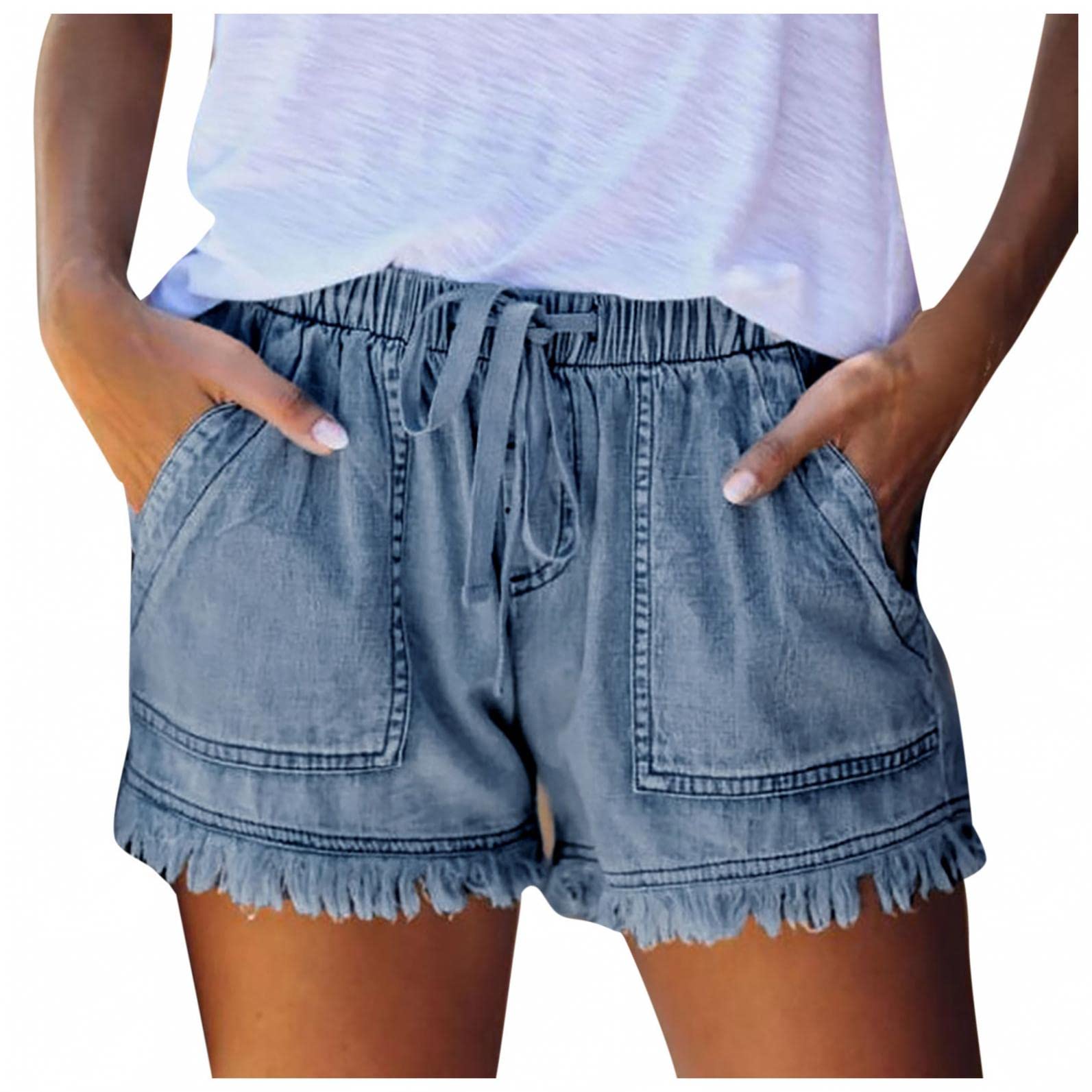 Women's High Waist Ripped Denim Shorts - Stretch Elastic Waist with Drawstring & Pockets | Summer Casual Shorts for Beach, Travel & Everyday Wear