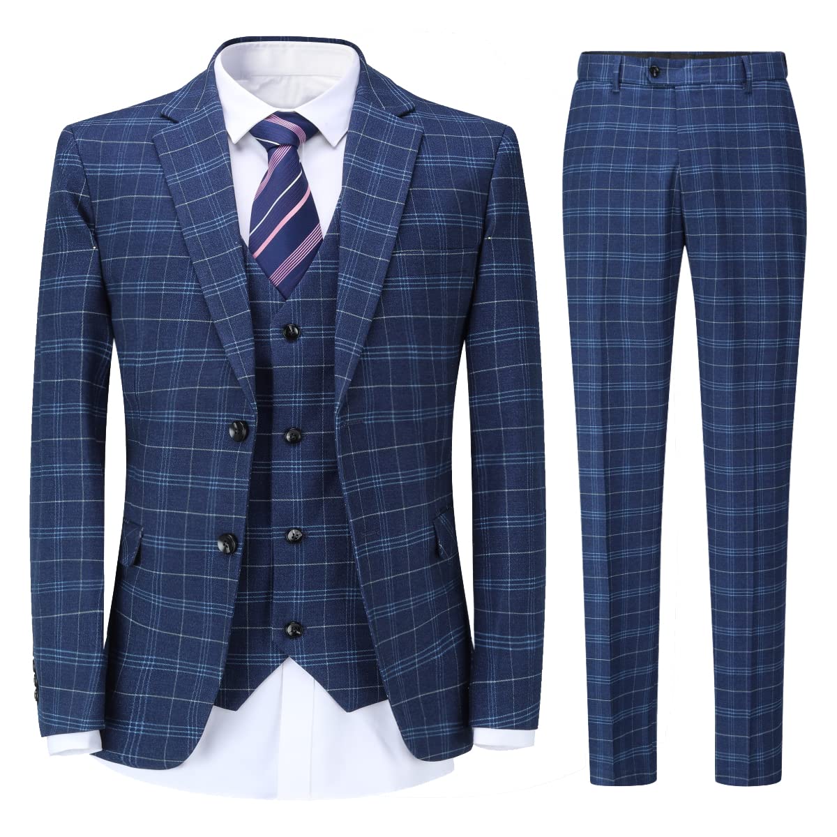 Cloudstyle Men's 3-Piece Plaid Suit Set - Modern Fit Jacket, Tux Blazer, Vest & Pants for Business, Wedding & Formal Events