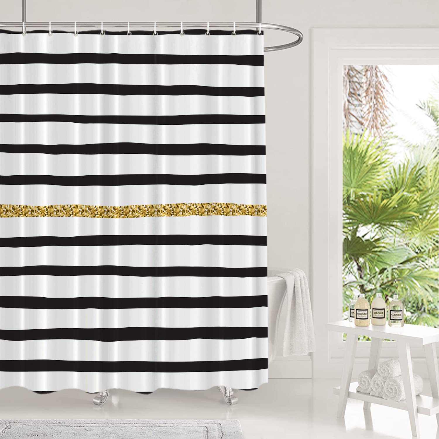 Shrahala Black White Gold Geometric Abstract Shower Curtain - Waterproof Bathroom Decor with Grommets 72x72 Inch - Perfect for Modern, Boho & Luxury Bathroom Styles