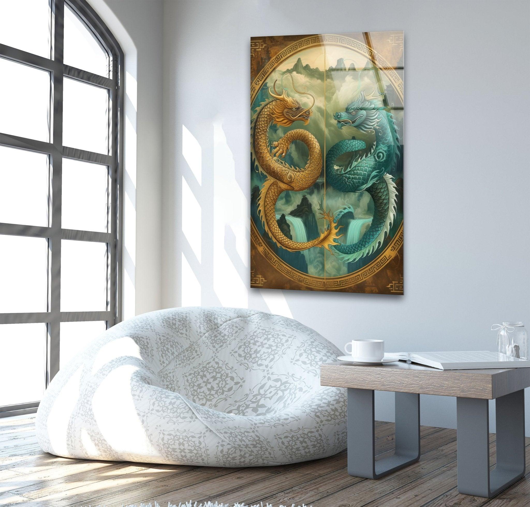 Ao Kuang & Ao Shun Chinese Dragon Glass Wall Art - Elegant Home Decor for Living Room, Bedroom, or Office