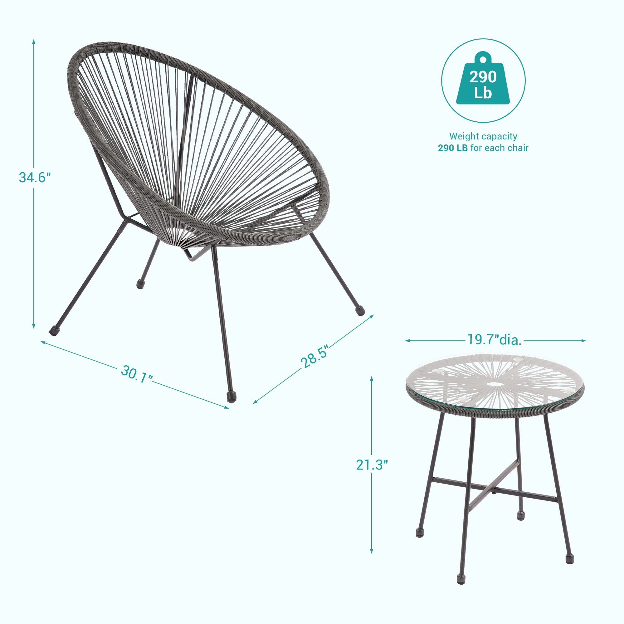 3-Piece Patio Furniture Set - Acapulco Chair with Glass Top Table & 2 Chairs - Indoor/Outdoor Seating Set in Grey - Perfect for Backyard, Garden, Poolside & Balcony Relaxation