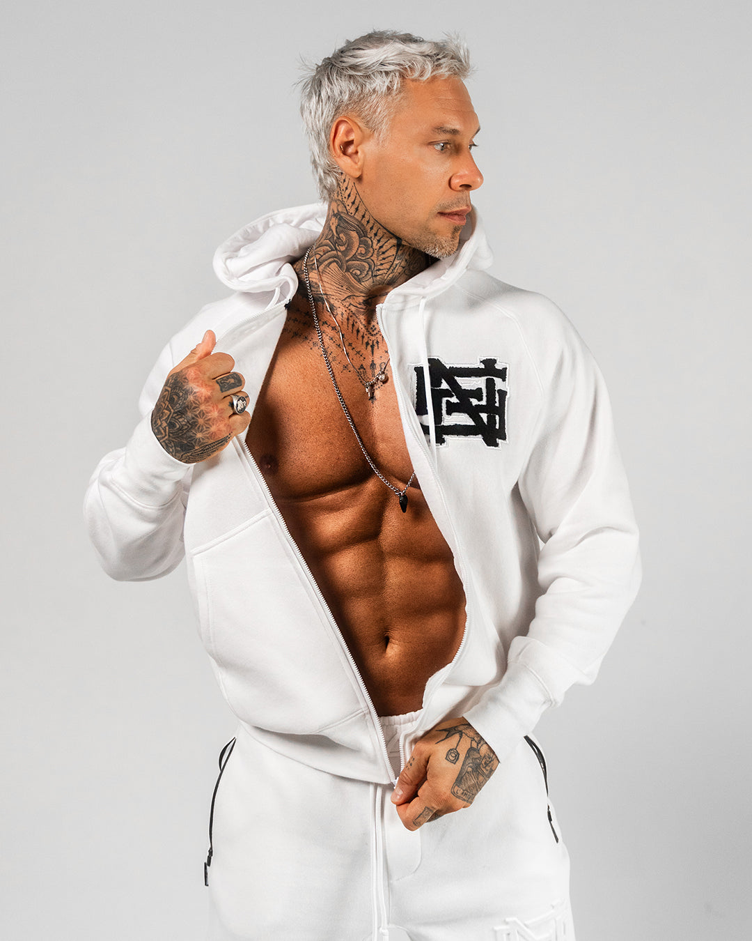 Varsity Patch Zip Up Hoodie - White | Trendy College Letterman Jacket for Men & Women | Perfect for Casual Wear, Sports Events & Campus Style