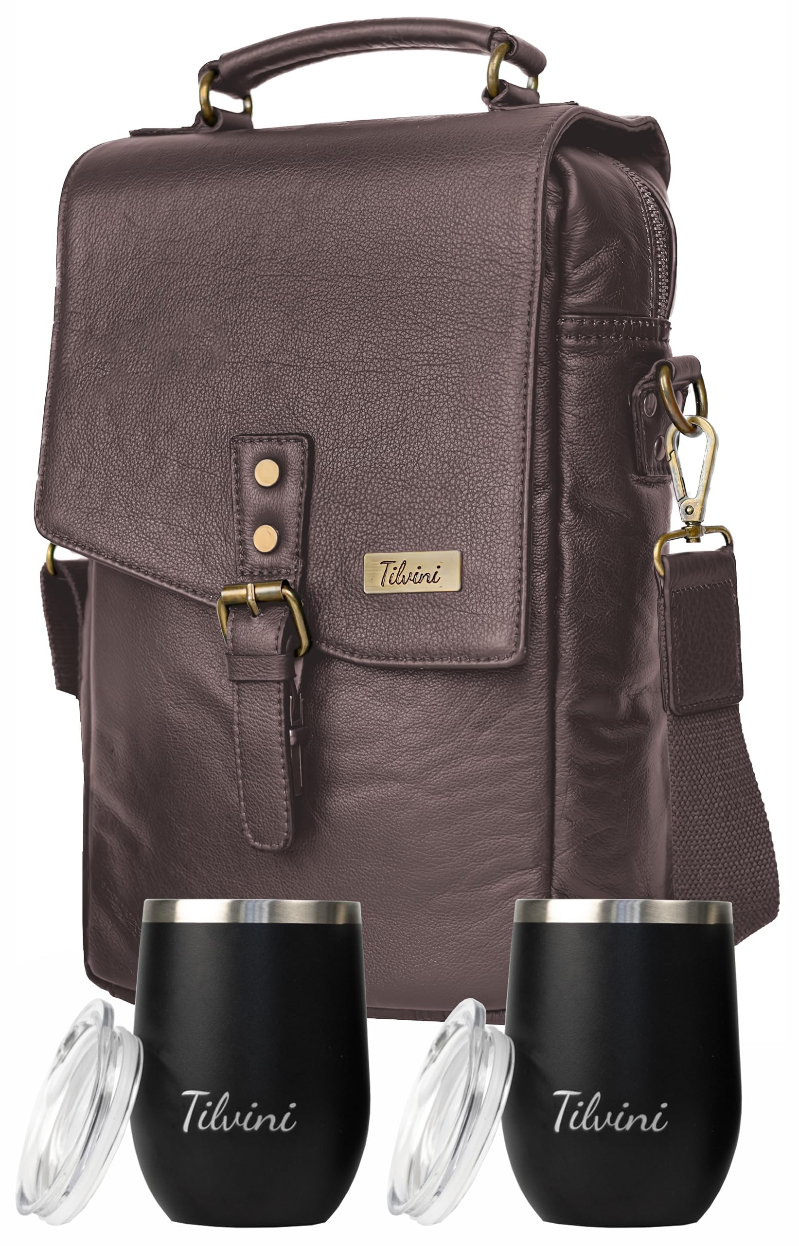 Premium Insulated Leather Wine Tote Bag with 2 Stainless Steel Wine Tumblers - Brown - Perfect for Picnics, Parties & Travel Gifts