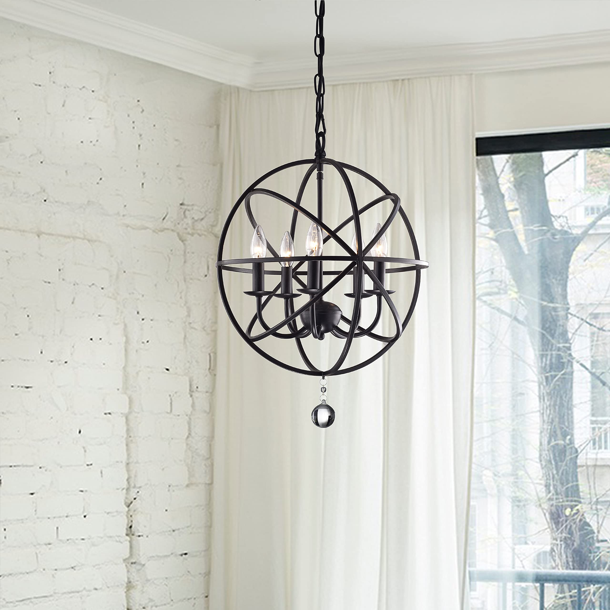 5-Light Globe Chandelier with Black Finish - Elegant Candle Style Ceiling Light Fixture for Dining Room, Bedroom, Bathroom & Hallway - 16.2