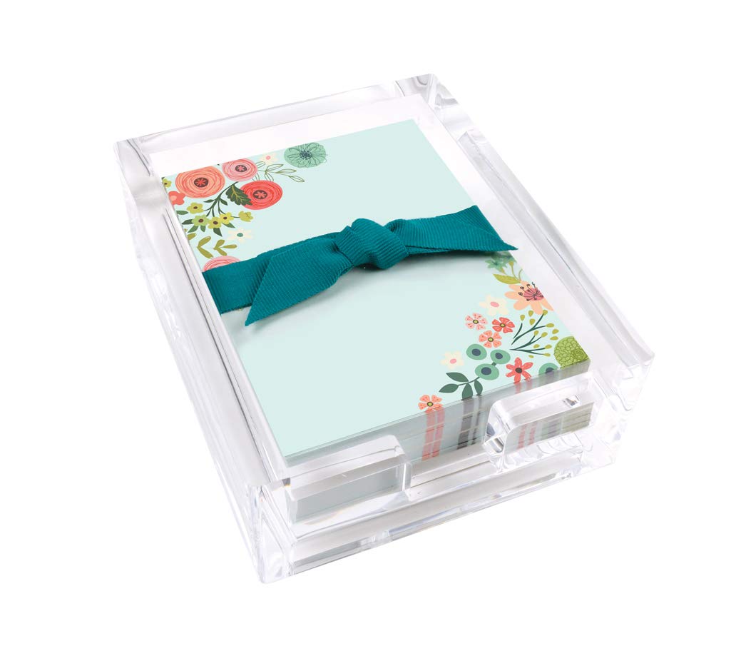 Teal Coral Flowers Acrylic Desk Note Set with 150 Memo Sheets & Holder - 3.25