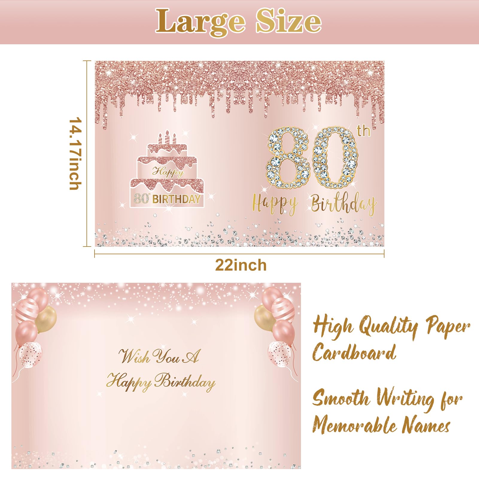 Extra Large 80th Birthday Card with Envelope - Jumbo 22×14.17 Inch Pink Rose Gold Giant 80 Year Birthday Greeting Card & Guest Book for Women - Perfect for Milestone Celebrations, Party Decorations, and Memorable Gift Giving
