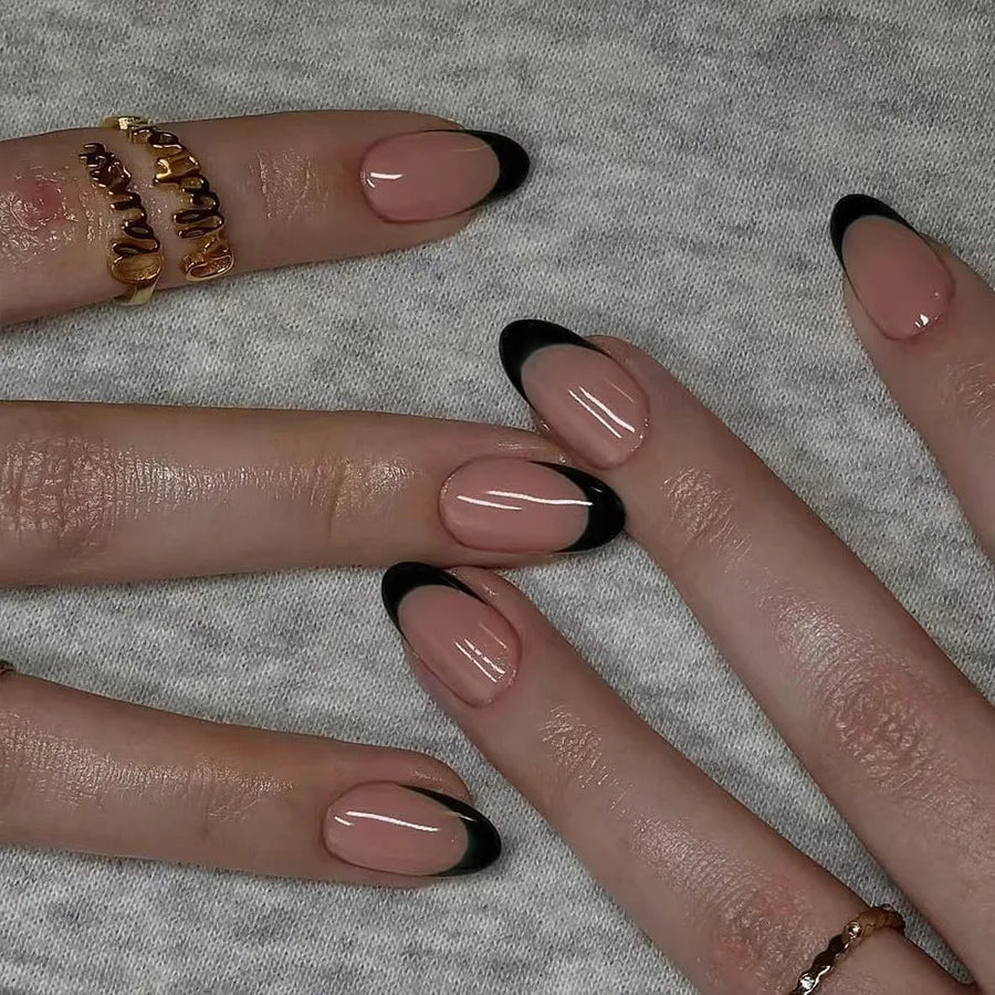 24Pcs Almond Fake Nails with Glue - Nude French Press On Nails with Black Stripes Design, Oval False Nail Tips for Women | Perfect for Parties, Weddings & Daily Wear