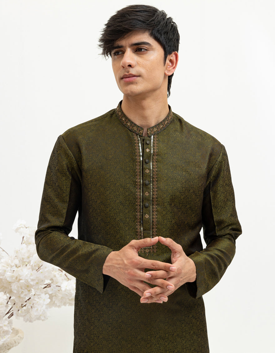 Stylish Blended Mehndi Green Kurta by J. Junaid Jamshed - Elegant Pakistani Traditional Wear for Weddings & Festivals