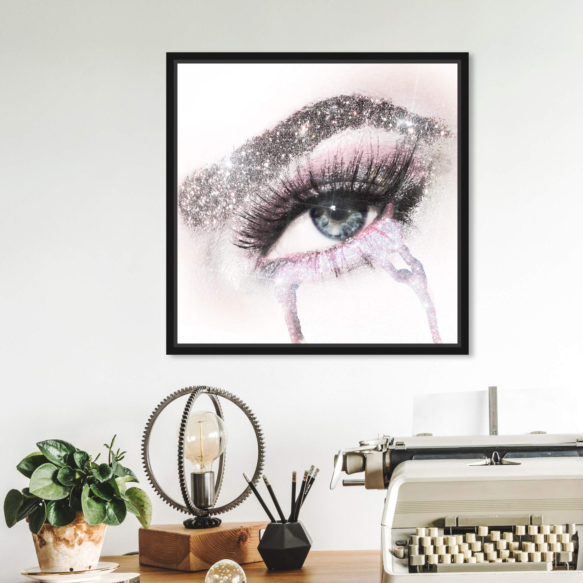 Oliver Gal Artist Co. 'Eyes and Rhinestones Pink' Framed Canvas Wall Art - 12x12 Inch Fashion Glam Decor for Bedroom, Living Room & Office - Gray & White Mascara Inspired Home Décor