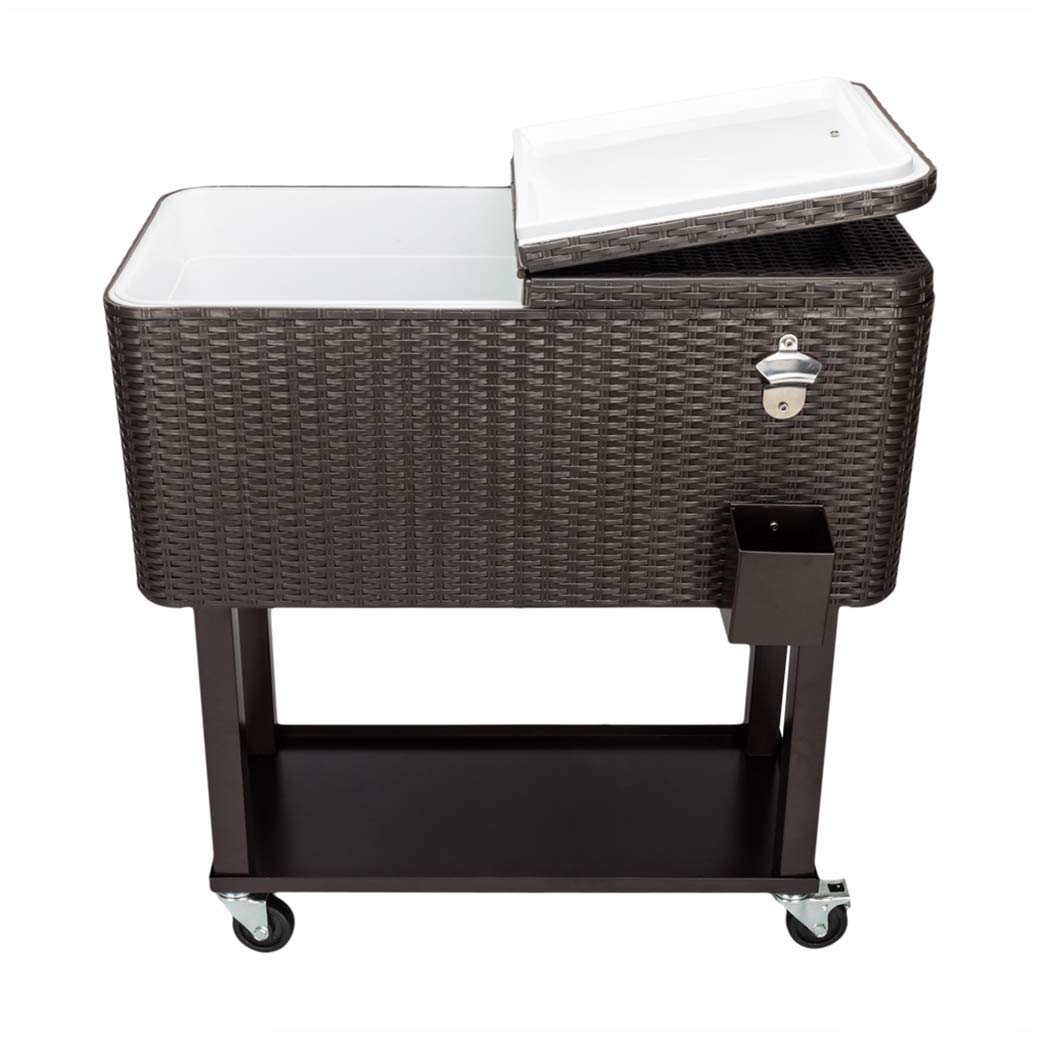80QT Rattan Square Legs Cooler with Shelf - Portable Patio Party Bar Drink Cart for Beverage & Pool Storage, Brown - Ideal for Outdoor Gatherings & Beach Days